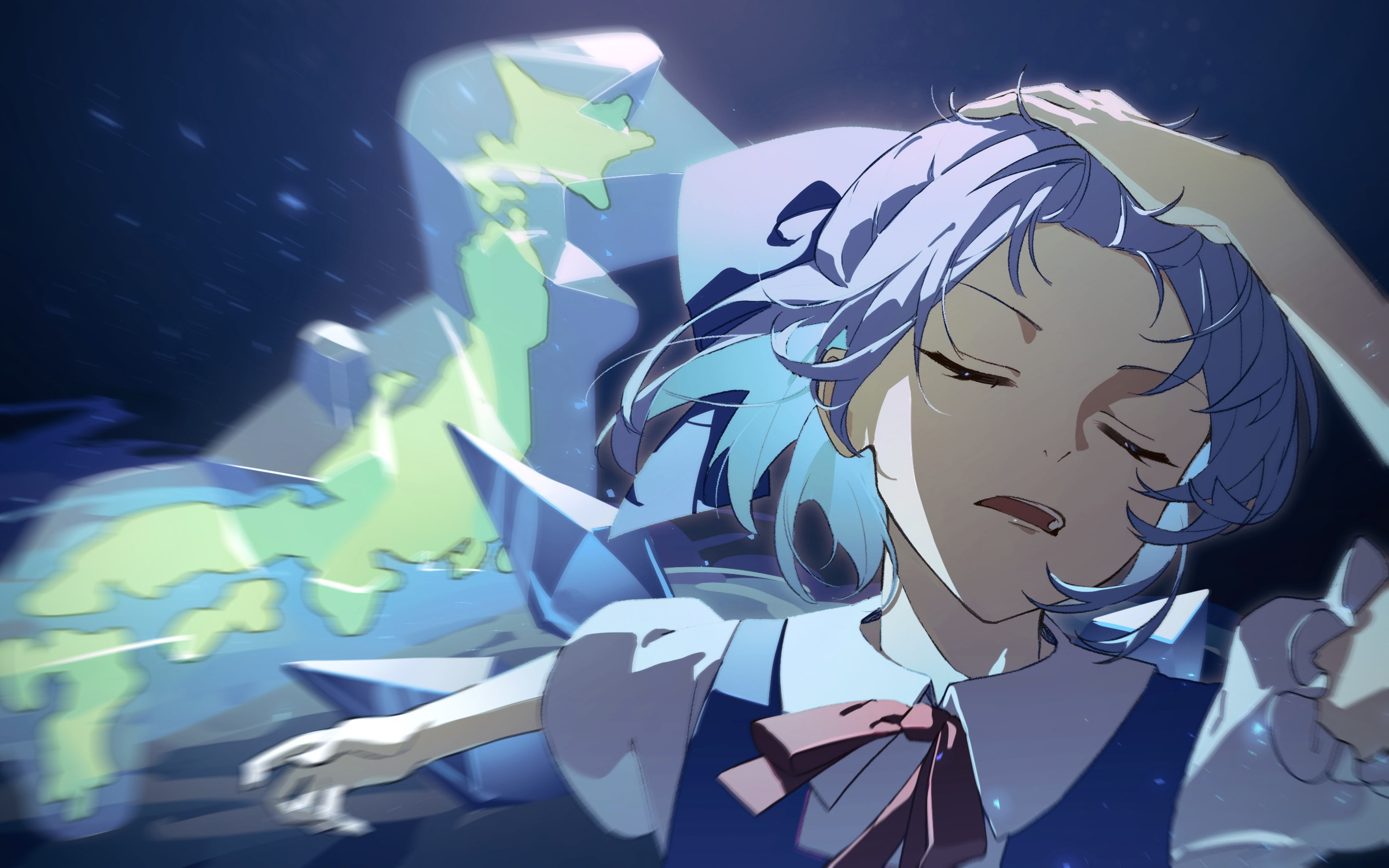 ko gyoku, cirno, jujutsu kaisen, touhou, commentary request, highres, 1girl, blue bow, blue dress, blue hair, bow, closed eyes, collared shirt, dress, fairy, hand in own hair, ice, ice wings, japan, medium hair, meme, naoya hitting choso without looking (meme), parody, parted lips, shirt, short sleeves, solo, teeth, upper teeth only, white shirt, wings