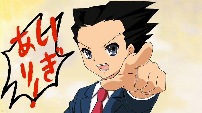 bigak, phoenix wright, ace attorney, capcom, hare hare yukai, suzumiya haruhi no yuuutsu, bad id, bad pixiv id, translated, 1boy, black hair, blue eyes, formal clothes, male focus, necktie, objection, parody, pointing, short hair, solo, suit