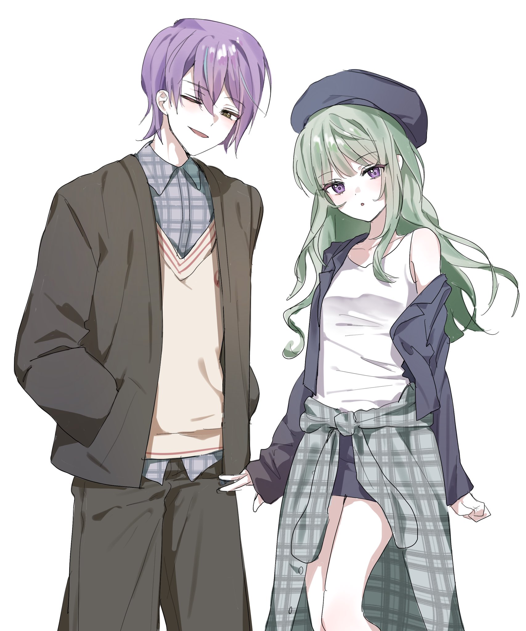 kamishiro rui, kusanagi nene, project sekai, zozotown, commentary request, highres, korean commentary, 1boy, 1girl, :o, aqua streaks, arms at sides, asymmetrical sidelocks, beret, blazer, blue hat, blue jacket, blue skirt, breasts, brown jacket, brown pants, clenched hand, clothes around waist, collarbone, collared shirt, cowboy shot, green hair, grey shirt, hair between eyes, hands in pockets, hat, jacket, lapels, long hair, long sleeves, looking at viewer, miniskirt, multicolored hair, notched lapels, official alternate costume, official alternate hairstyle, one eye closed, open clothes, open jacket, pants, parted lips, plaid clothes, plaid shirt, purple eyes, purple hair, shirt, short hair, sidelocks, simple background, single off shoulder, skirt, sleeveless, sleeveless shirt, sleeves past wrists, small breasts, smile, standing, star moongji, streaked hair, sweater, v-neck, wavy hair, white background, white shirt, yellow eyes