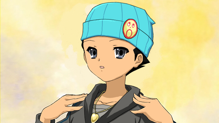bigak, phoenix wright, ace attorney, capcom, hare hare yukai, suzumiya haruhi no yuuutsu, bad id, bad pixiv id, 1boy, beanie, black hair, blue eyes, hat, hood, hoodie, jewelry, male focus, necklace, parody, short hair, solo