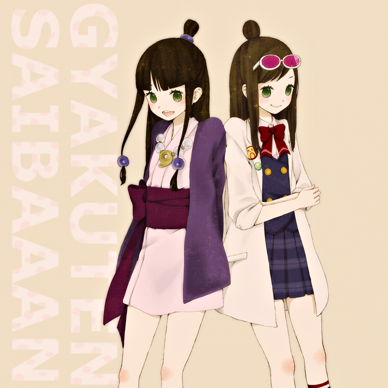 mizutamako, ema skye, maya fey, ace attorney, capcom, bad id, bad pixiv id, 2girls, black hair, brown hair, copyright name, glasses, green eyes, hair ornament, half updo, japanese clothes, jewelry, lab coat, long hair, look-alike, magatama, multiple girls, sleeves rolled up, smile, sphere hair ornament, sunglasses