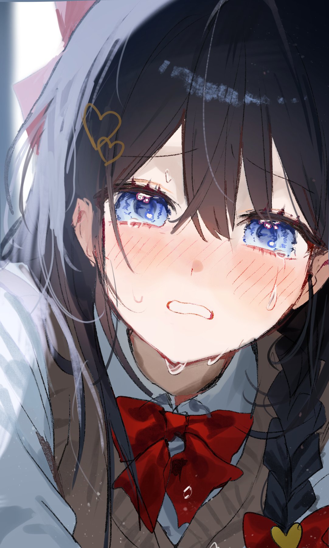 shirayuki hina, stellive, artist request, commentary request, highres, korean commentary, second-party source, 1girl, black hair, blush, bow, bowtie, braid, brown sweater vest, choppy bangs, collared shirt, crying, crying with eyes open, hair bow, hair ornament, heart, heart hair ornament, long hair, parted lips, raised inner eyebrows, red bow, red bowtie, shirt, solo, sweater vest, tears, upper body, v-neck, virtual youtuber, white mouth, white shirt, wing collar