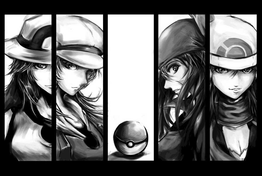 ying mao, dawn (pokemon), leaf (pokemon), lyra (pokemon), may (pokemon), nintendo, pokemon, pokemon dppt, pokemon frlg, pokemon hgss, pokemon rse, source request, 00s, 4girls, bandana, beanie, breasts, cleavage, greyscale, hat, monochrome, multiple girls, newsboy cap, poke ball, porkpie hat