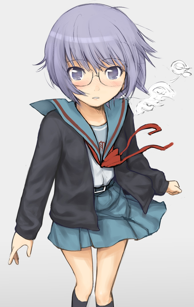 homunculus (alchemynote), nagato yuki, suzumiya haruhi no shoushitsu, suzumiya haruhi no yuuutsu, 10s, breath, cardigan, glasses, grey eyes, grey hair, purple eyes, purple hair, school uniform, serafuku, short hair, solo