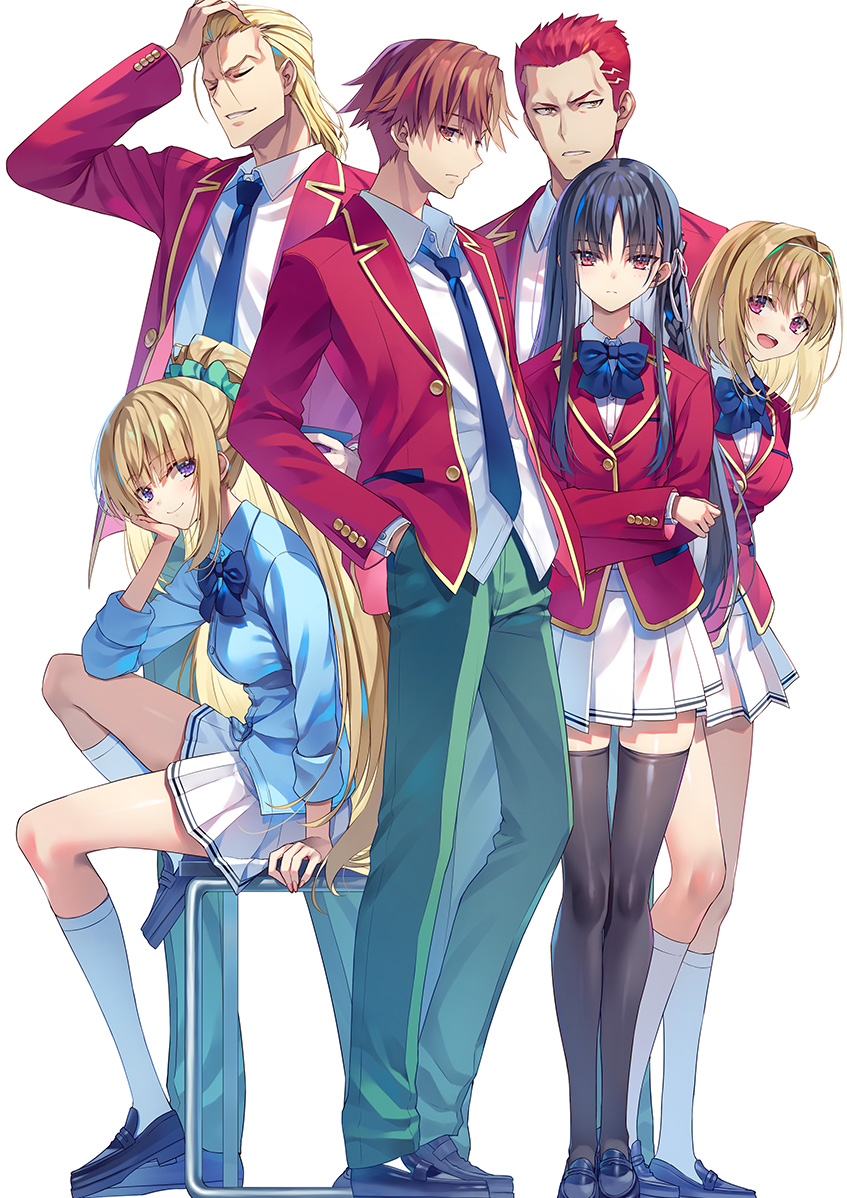 tomose shunsaku, horikita suzune, kushida kikyou, youkoso jitsuryoku shijou shugi no kyoushitsu e, official art, 3boys, 3girls, black hair, blonde hair, blue scrunchie, breasts, brown hair, closed mouth, collared shirt, double-parted bangs, hair intakes, hair ornament, hair scrunchie, high ponytail, long sidelocks, long sleeves, looking at viewer, medium breasts, multiple boys, multiple girls, ponytail, purple eyes, red eyes, red hair, school uniform, scrunchie, shirt, sidelocks, simple background, smile, standing, white background, white shirt, wing collar