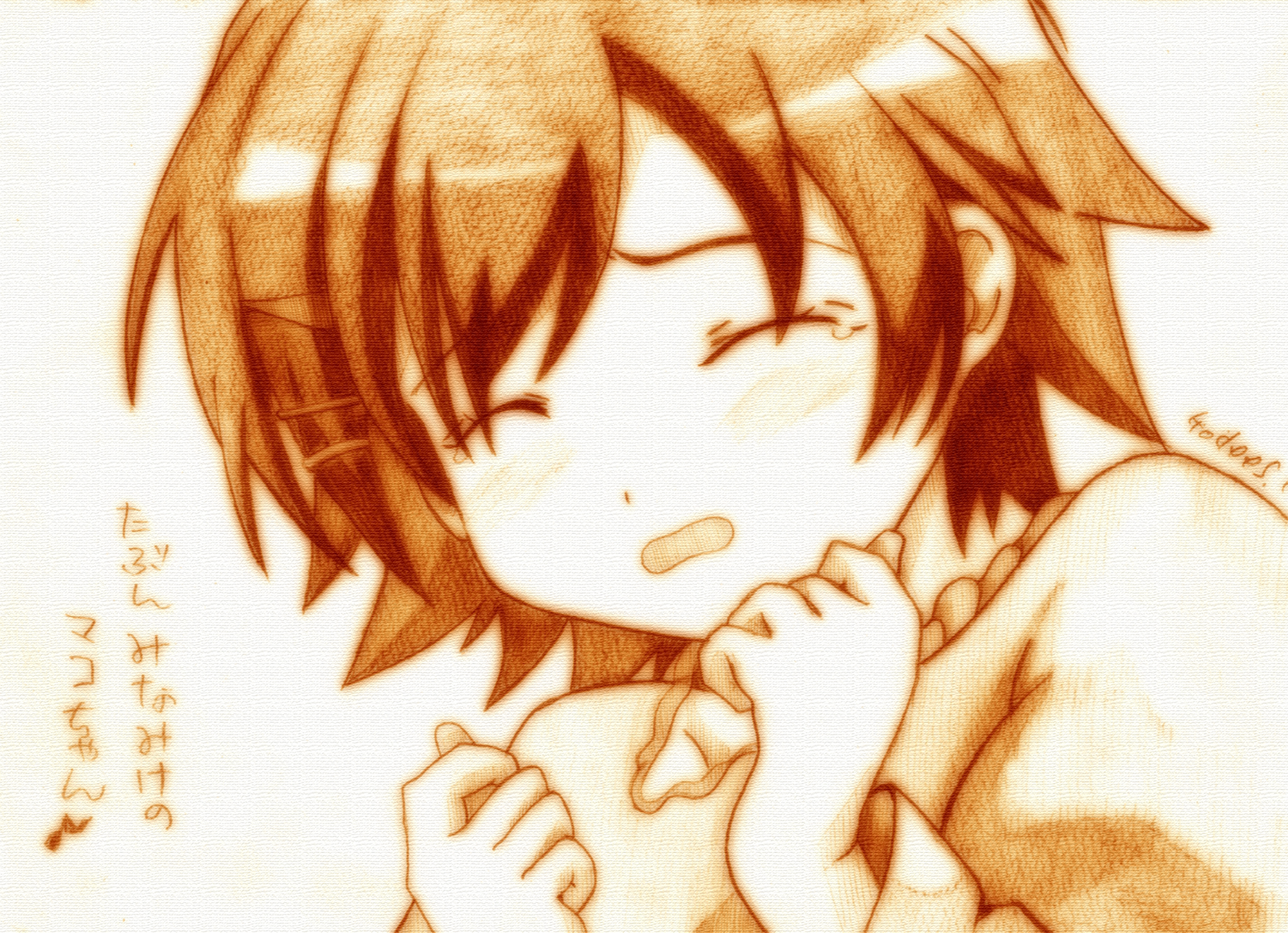 godees, mako-chan (minami-ke), makoto (minami-ke), minami-ke, bad id, bad pixiv id, highres, traditional media, 1boy, androgynous, blush, closed eyes, crossdressing, crossdressing (mtf), dress, hair ornament, hairclip, male focus, sepia, short hair, solo, teardrop, trap