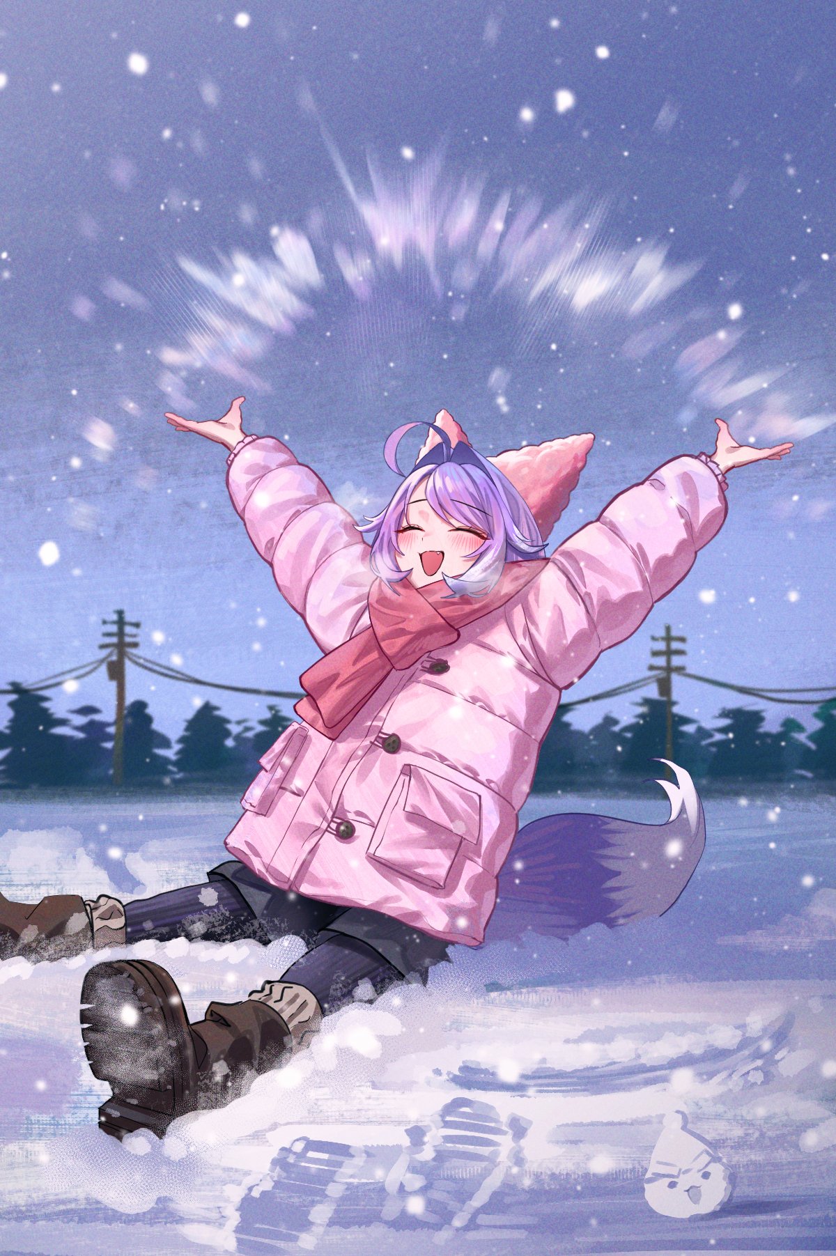 tenko shibuki, stellive, artist request, commentary request, highres, korean commentary, second-party source, 1girl, :d, ^ ^, ahoge, arms up, black leggings, black shorts, blurry, blurry background, blush, boots, breath, brown boots, bun cover, closed eyes, coat, depth of field, double bun, fang, foot out of frame, fox girl, fox tail, grey sky, hair bun, hair ears, happy, inari (tenko shibuki), leggings, night, on ground, open mouth, outdoors, outstretched arms, pink coat, pink scarf, power lines, scarf, shorts, sitting, sky, smile, snow, snowing, solo, spread arms, tail, utility pole, virtual youtuber, winter, winter clothes, winter coat