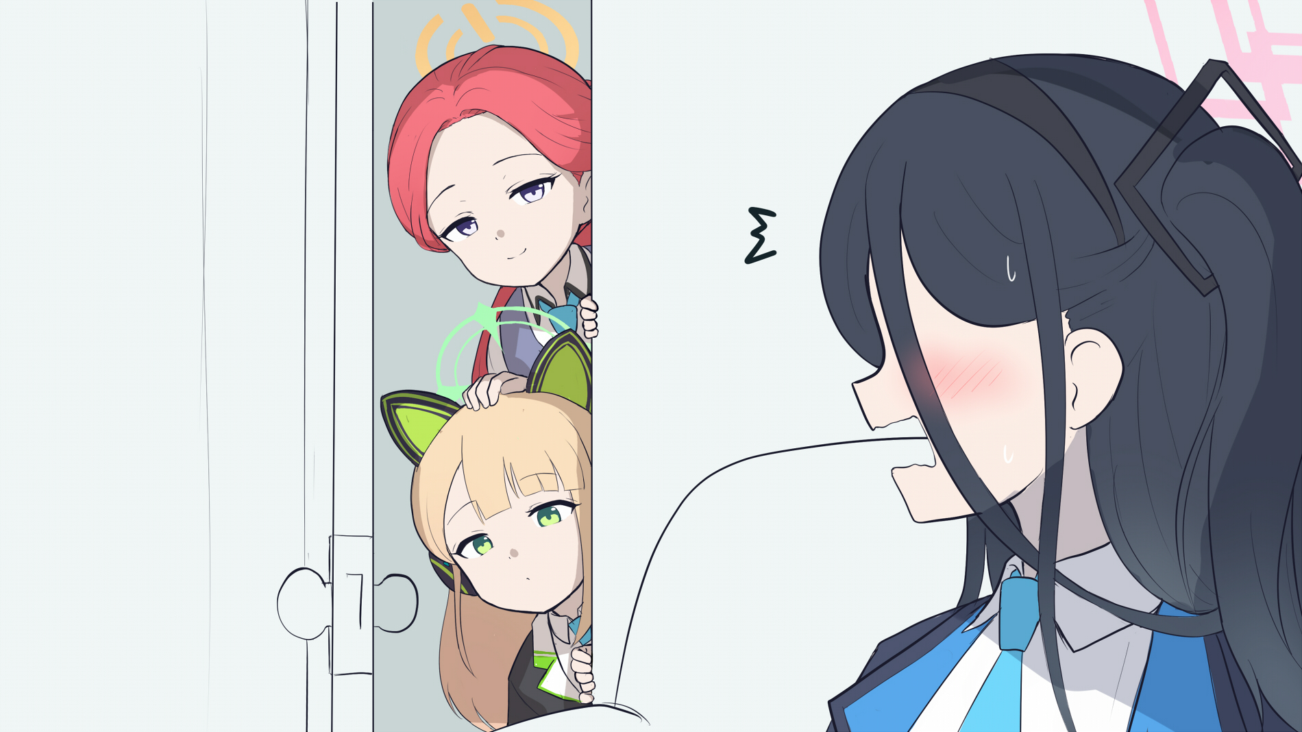 hamachikichiki, kei (blue archive), midori (blue archive), yuzu (blue archive), blue archive, commentary, highres, 3girls, ^^^, aged up, alternate costume, alternate hair length, alternate hairstyle, animal ear headphones, animal ears, black hair, black hairband, black suit, blonde hair, blue necktie, blunt bangs, blush, cat ear headphones, cat ears, closed mouth, collared shirt, couch, embarrassed, fake animal ears, forehead, formal clothes, green eyes, hairband, halo, headpat, headphones, heart, indoors, jacket, long hair, looking at another, multiple girls, necktie, no eyes, one side up, open clothes, open door, open jacket, open mouth, orange halo, parted bangs, peeking out, pink halo, profile, purple eyes, rectangular halo, red hair, shirt, simple background, smile, split mouth, spoken heart, suit, surprised, sweatdrop, upper body, wavy mouth, white background, white shirt