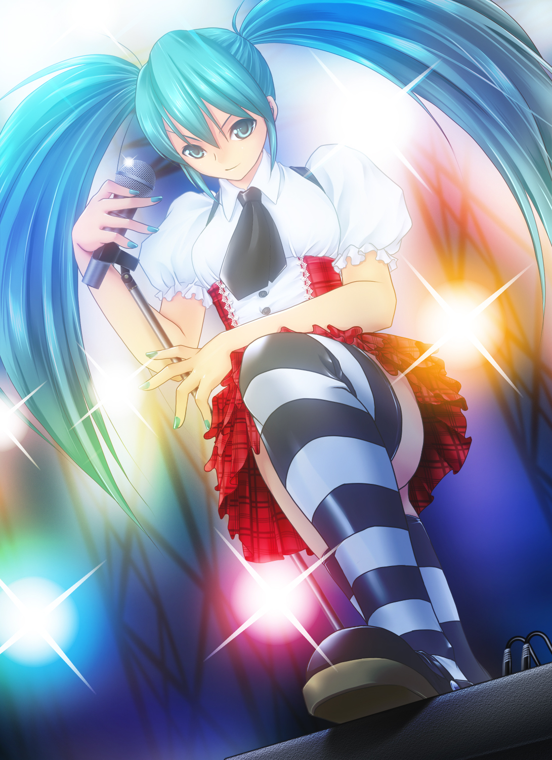nerisu, hatsune miku, vocaloid, bad id, bad pixiv id, highres, 1girl, aqua eyes, aqua hair, female focus, gradient background, latex, long hair, microphone, microphone stand, necktie, skirt, solo, striped clothes, striped thighhighs, thighhighs, twintails