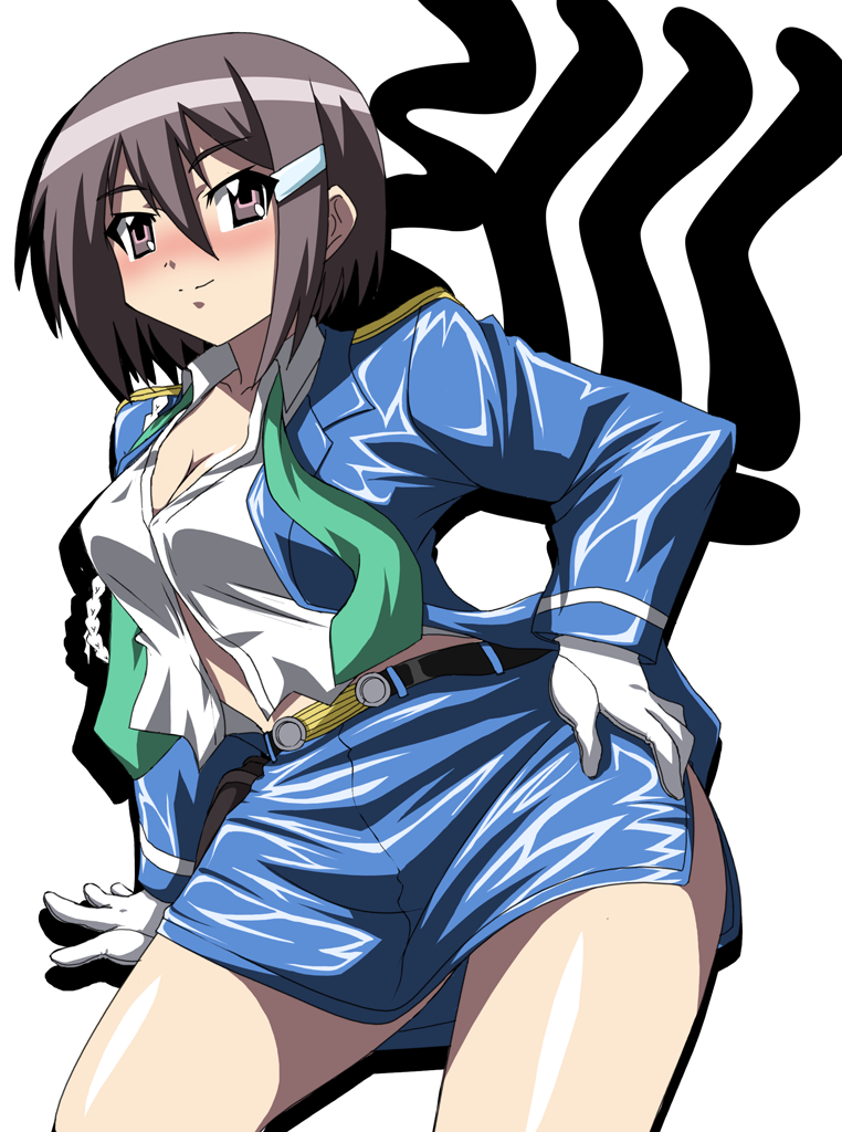 makino tomoyasu, zenigata mawari, seto no hanayome, 00s, 1girl, blush, breasts, brown eyes, brown hair, cleavage, female focus, gloves, hair ornament, hairclip, hand on own hip, hip focus, miniskirt, shiny clothes, short hair, skirt, smile, solo, white background