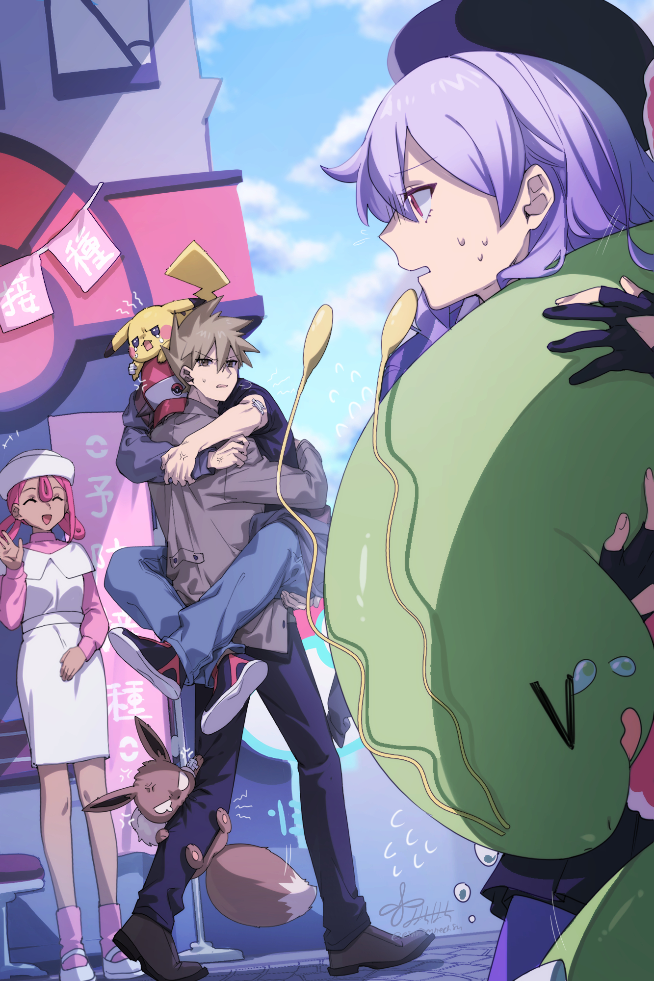 88 (einnimnech), blue oak, eevee, joy (pokemon), meganium, pikachu, red (pokemon), nintendo, original, pokemon, pokemon legends: z-a, commentary request, highres, > <, 2boys, 2girls, apron, bandaid, bandaid on arm, baseball cap, black gloves, black hair, black jacket, black pants, blue pants, blue sky, breasts, brown eyes, brown hair, brown jacket, carrying, carrying person, closed eyes, cloud, crying, dress, gen 1 pokemon, gen 2 pokemon, gloves, hair rings, hat, jacket, long hair, long sleeves, looking at another, multiple boys, multiple girls, nurse, nurse cap, on head, open mouth, pants, pantyhose, partially fingerless gloves, pink dress, pink hair, pink socks, pokemon (creature), pokemon center, pokemon on head, purple eyes, purple hair, purple pantyhose, purple skirt, purple sweater, red hat, shirt, shoes, short hair, skirt, sky, smile, socks, spiked hair, sweater, tears, white dress