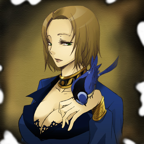 k2t2, koudelka (character), koudelka, shadow hearts, lowres, 1girl, bird, breasts, brown hair, choker, cleavage, female focus, gradient background, green eyes, short hair, solo