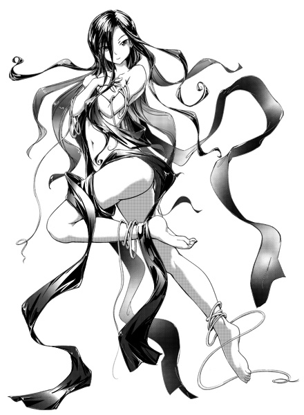 moupii (hitsuji no ki), original, anklet, greyscale, jewelry, legs, long hair, lots of jewelry, monochrome, solo, very long hair