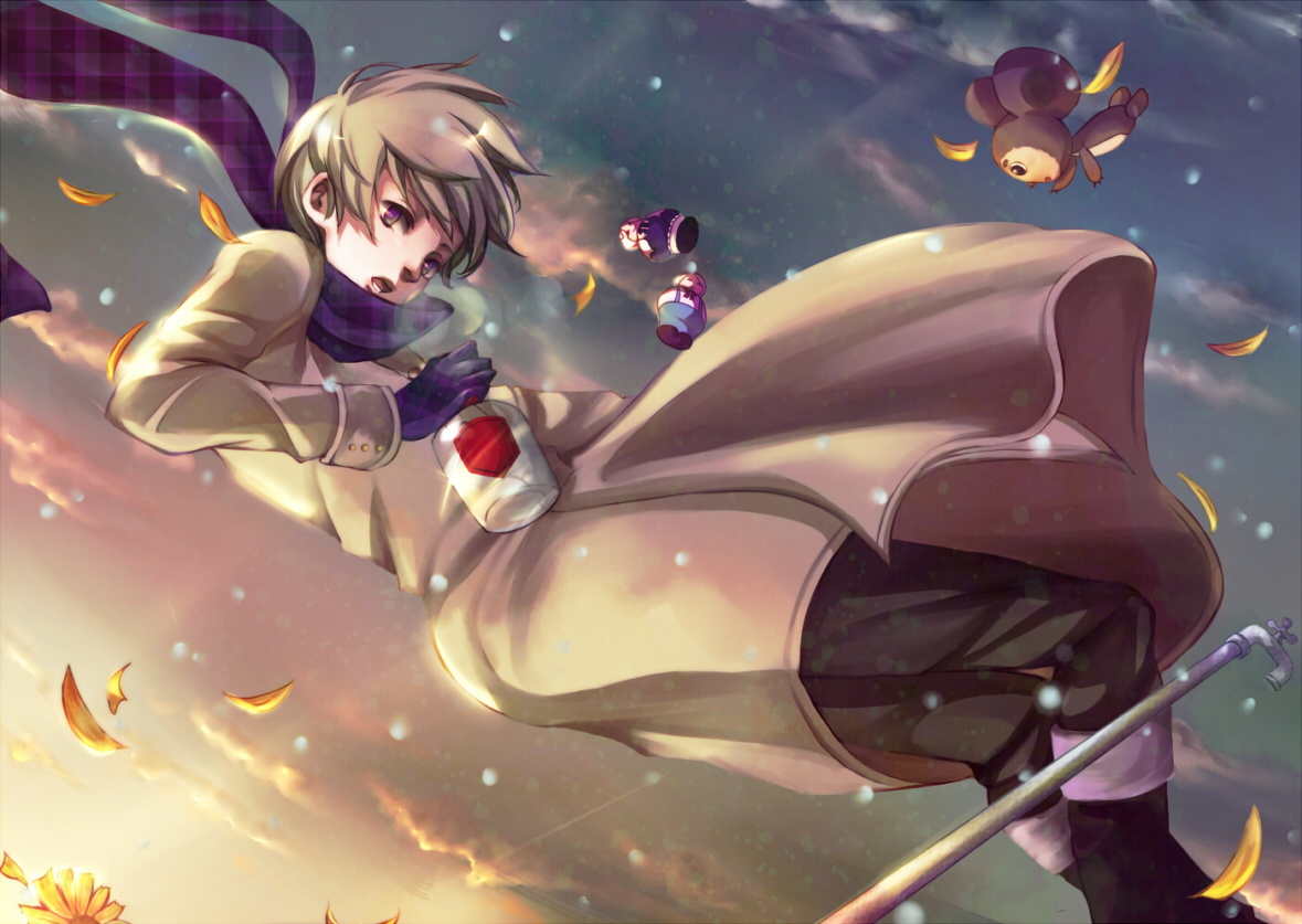 soopoo, belarus (hetalia), cheburashka, russia (hetalia), ukraine (hetalia), axis powers hetalia, bad id, bad pixiv id, 1boy, alcohol, coat, doll, falling, faucet, flower, lead pipe, male focus, matryoshka doll, objectification, petals, scarf, sky, solo, sunflower, vodka, weapon