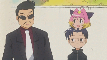 moriyama sunao, nya, potemayo (character), potemayo, animated, animated gif, anime screenshot, lowres, 00s, 1girl, 2boys, ahoge, animal ears, black eyes, blue hair, chibi, ear wiggle, expressionless, falling, formal clothes, glasses, heart attack, multicolored hair, multiple boys, necktie, on head, open mouth, outdoors, pink hair, shirt, short hair, smile, so moe i'm gonna die!, standing, suit, sunglasses, two-tone hair, zipper
