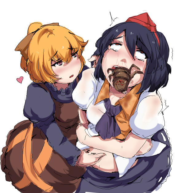 magukappu, kurodani yamame, shameimaru aya, touhou, bad id, bad pixiv id, 2girls, ahegao, bad end, black hair, blush, body horror, bug, female focus, hat, heart, multiple girls, pregnant, rolling eyes, spider, tokin hat