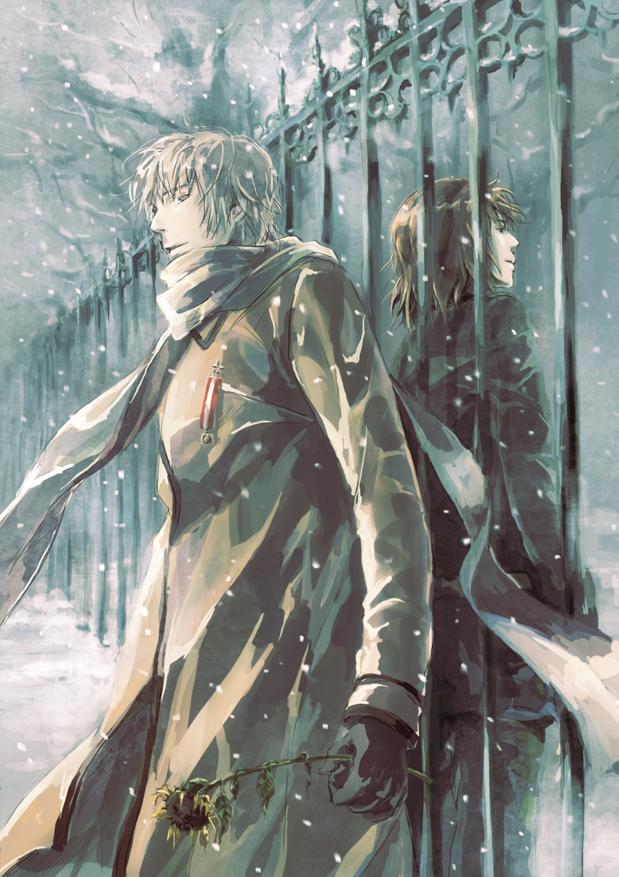 kamamoto (monotonecolor), lithuania (hetalia), russia (hetalia), axis powers hetalia, looking away, bad id, bad pixiv id, highres, 2boys, against fence, back-to-back, black coat, black gloves, blonde hair, brown coat, coat, fence, flower, gloves, grey eyes, grey hair, grey theme, holding, holding flower, ironwork, long coat, long sleeves, male focus, medal, multiple boys, pale skin, scarf, snow, snowing, sunflower, white scarf, winter, winter clothes