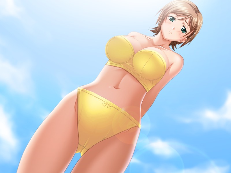 mizuno natsuki, okaa-san to naisho, game cg, 1girl, aqua eyes, arms behind back, bare shoulders, bikini, blush, breasts, brown hair, covered erect nipples, dutch angle, female focus, from below, green eyes, hair ornament, hairclip, large breasts, outdoors, short hair, shy, sky, solo, strapless, strapless bikini, swimsuit