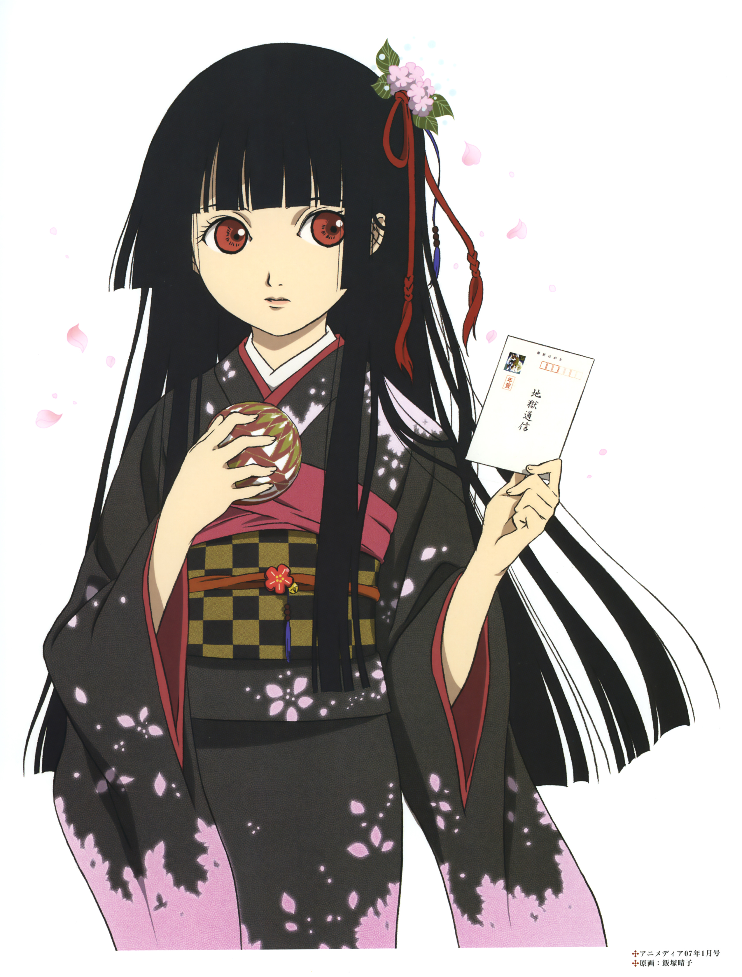iizuka haruko, enma ai, jigoku shoujo, absurdres, artbook, highres, scan, translation request, 1girl, ball, bell, black hair, checkered sash, envelope, expressionless, female focus, floral print, flower, hair flower, hair ornament, hime cut, holding, japanese clothes, kimono, lips, long hair, long sleeves, looking to the side, obi, petals, red eyes, sash, solo, temari ball, white background, wide sleeves