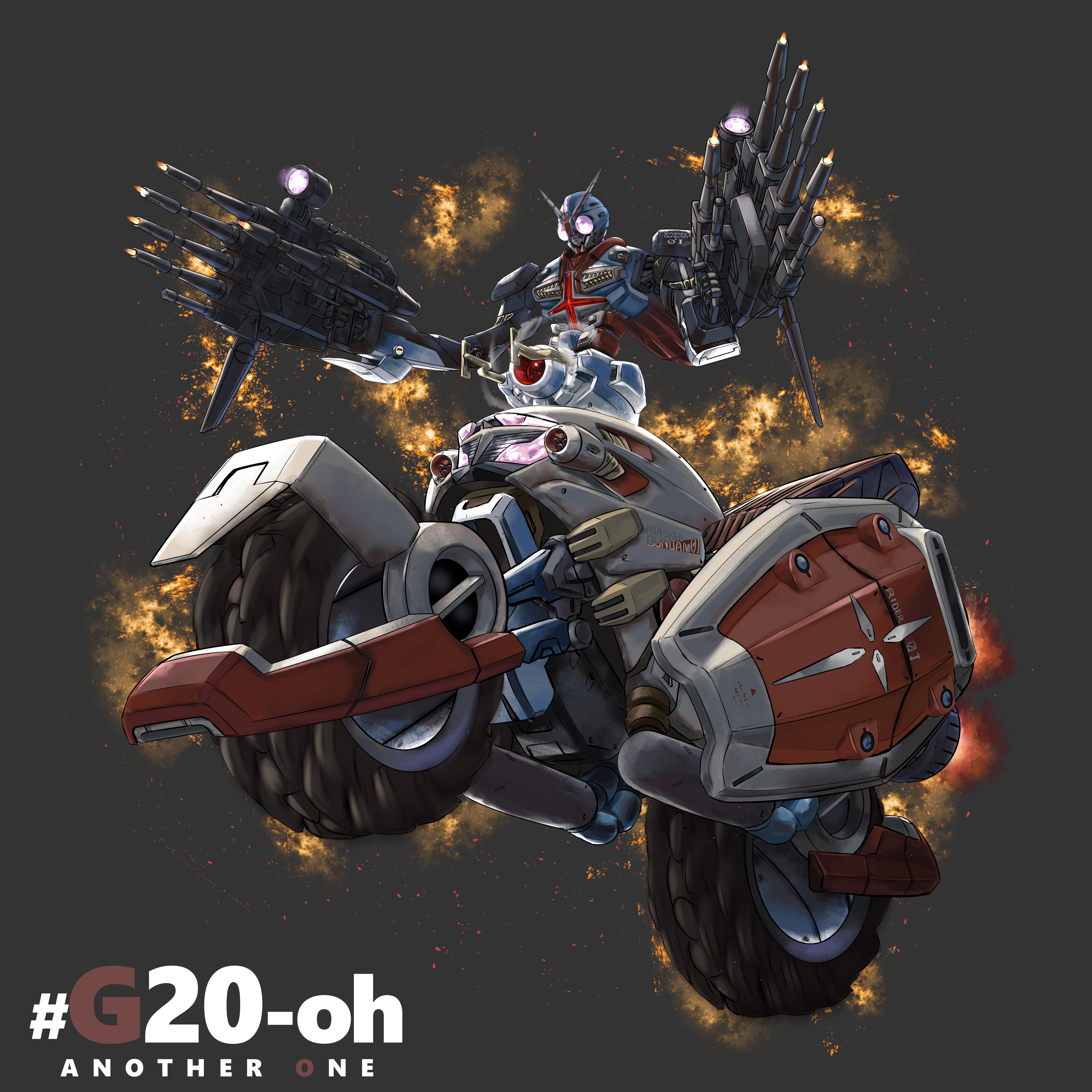 rx-78-2 gundam, gundam, kamen rider, kamen rider zi-o (series), mobile suit gundam, absurdres, commentary request, highres, 1boy, another rider (zi-o), asato (zini), beam rifle, belt, black background, cross, cyborg, dual wielding, embers, energy gun, english text, fire, fusion, gun, holding, holding gun, holding weapon, joints, mobile suit gundam g40, motion blur, motor vehicle, motorcycle, pink eyes, rider belt, robot, robot joints, rx-78-2 gundam (g40), science fiction, scope, shield, simple background, solo, taur, v-fin, weapon, wheel