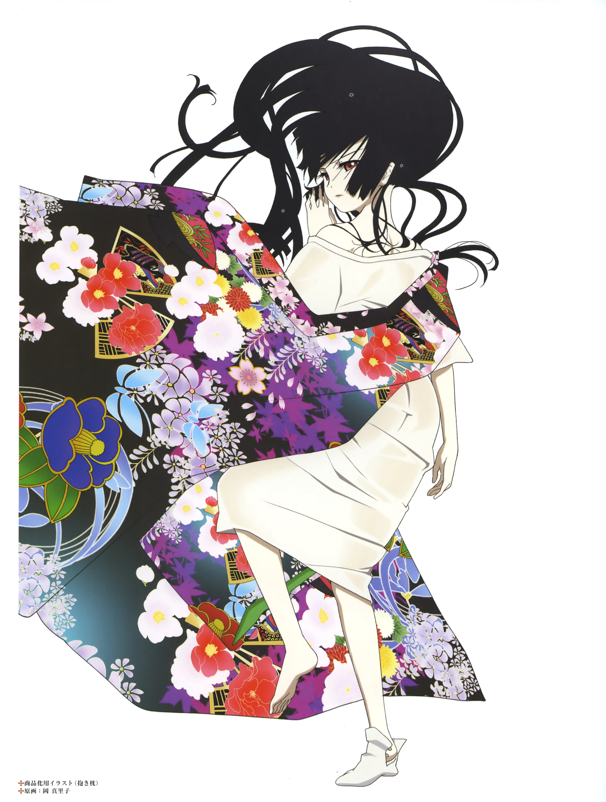 oka mariko, enma ai, jigoku shoujo, absurdres, artbook, highres, official art, scan, 1girl, black hair, female focus, japanese clothes, long hair, red eyes, socks, solo, tabi
