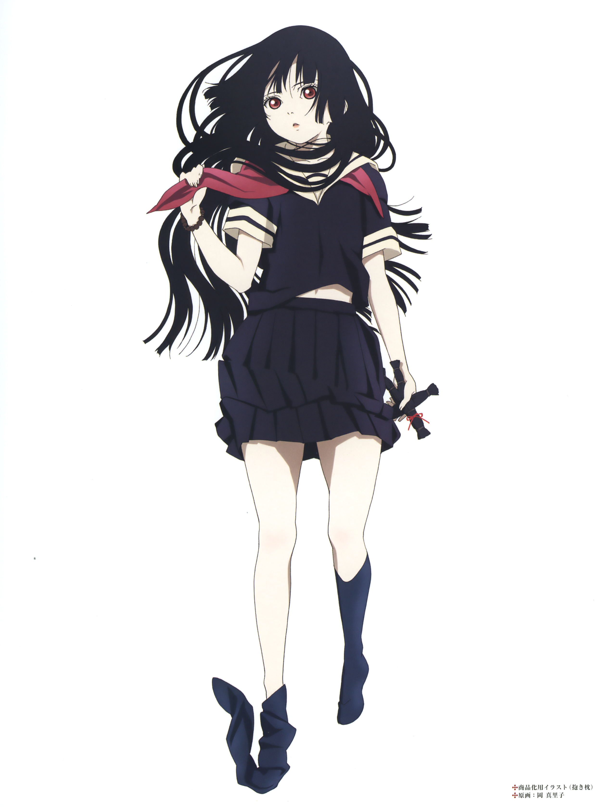 oka mariko, enma ai, jigoku shoujo, absurdres, artbook, highres, official art, scan, 1girl, black hair, black serafuku, doll, female focus, legs, long hair, neckerchief, red eyes, school uniform, serafuku, socks, solo, straw doll, unworn neckerchief