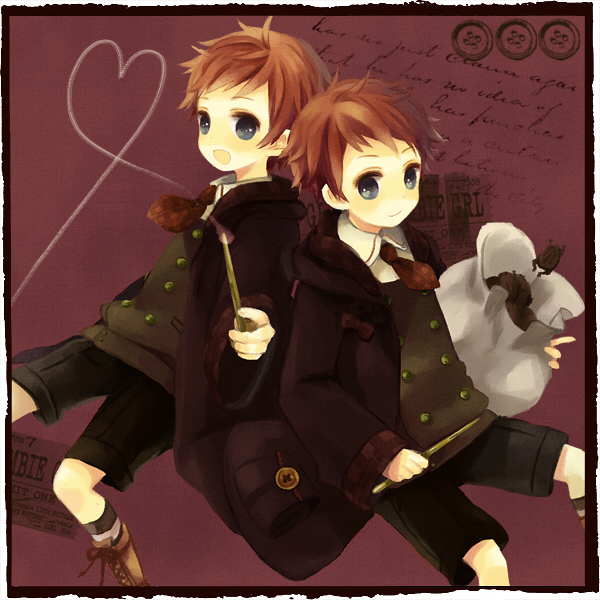 yukino (pixiv), fred weasley, george weasley, harry potter (series), wizarding world, 2boys, animification, heart, male focus, multiple boys, red hair, siblings, twins