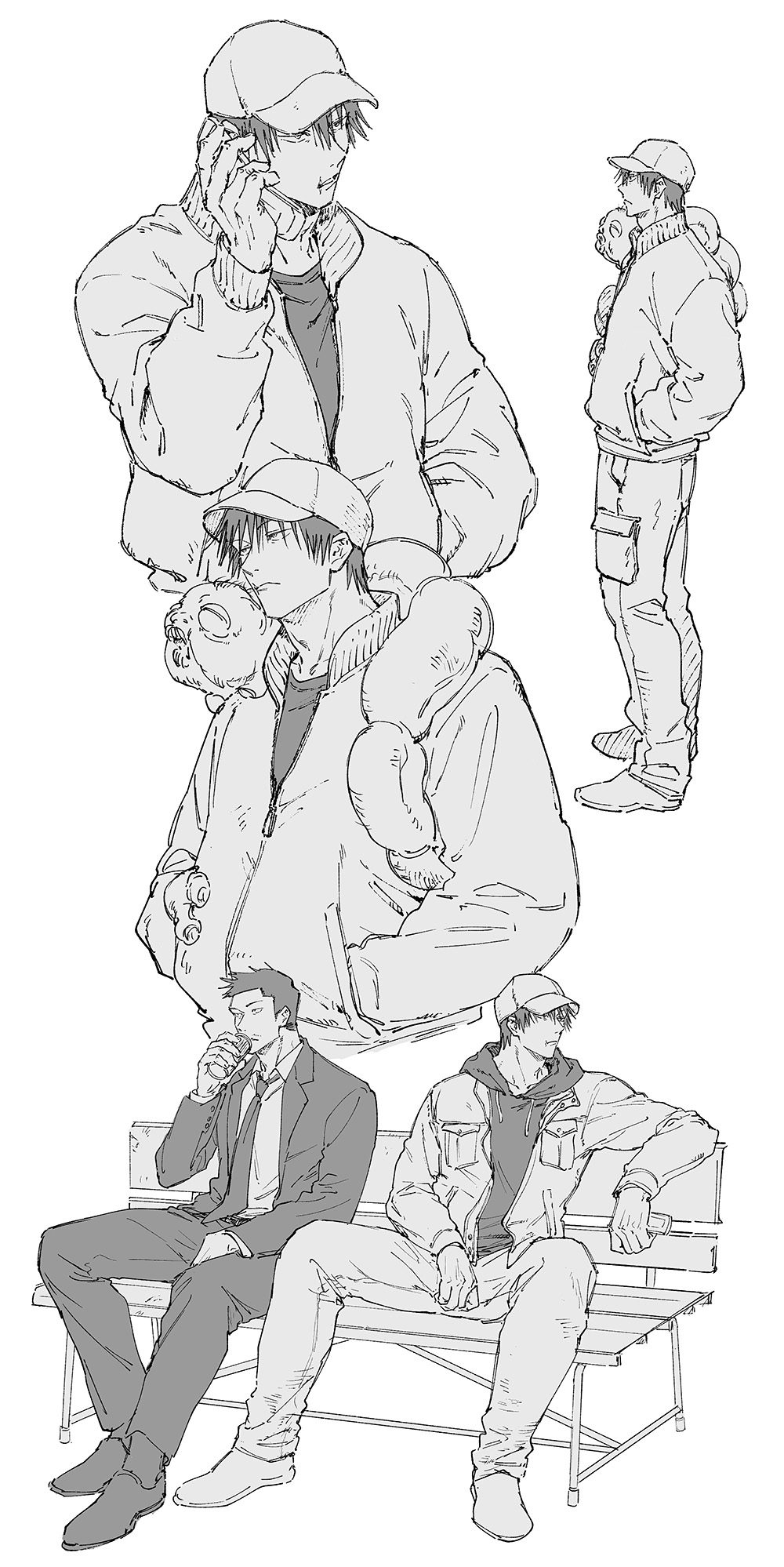 jj59u, fushiguro touji, higuruma hiromi, inventory curse (jujutsu kaisen), jujutsu kaisen, commentary request, highres, 2boys, baseball cap, bench, cellphone, closed mouth, collared shirt, flip phone, formal clothes, full body, greyscale, hand in pocket, hat, holding, holding phone, hood, hood down, hoodie, jacket, jacket over hoodie, male focus, monochrome, multiple boys, multiple views, necktie, pants, partially unzipped, phone, shirt, shoes, simple background, sitting, suit, suit jacket, talking on phone, unzipped, white background