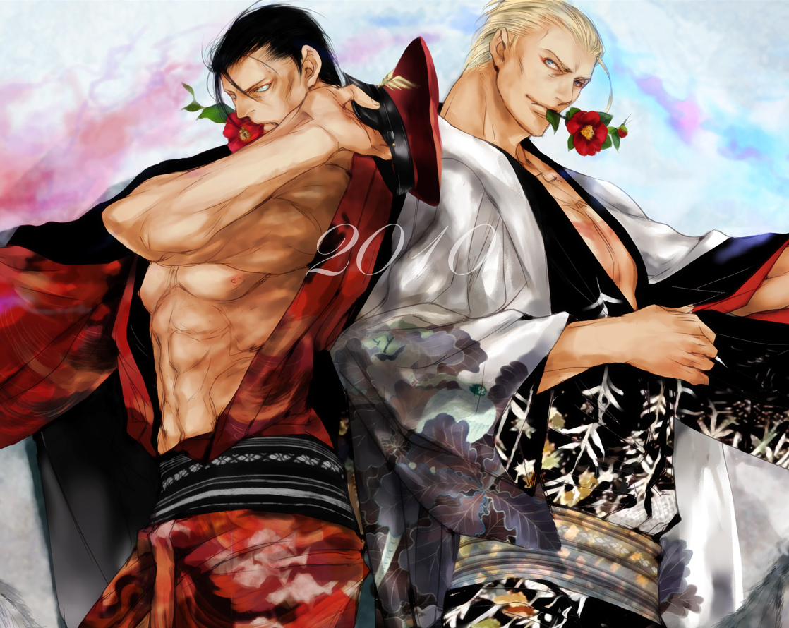 hideaki, geese howard, m. bison, capcom, fatal fury, snk, street fighter, the king of fighters, black hair, blonde hair, blue eyes, flower, hat, japanese clothes, kimono, male focus, white eyes