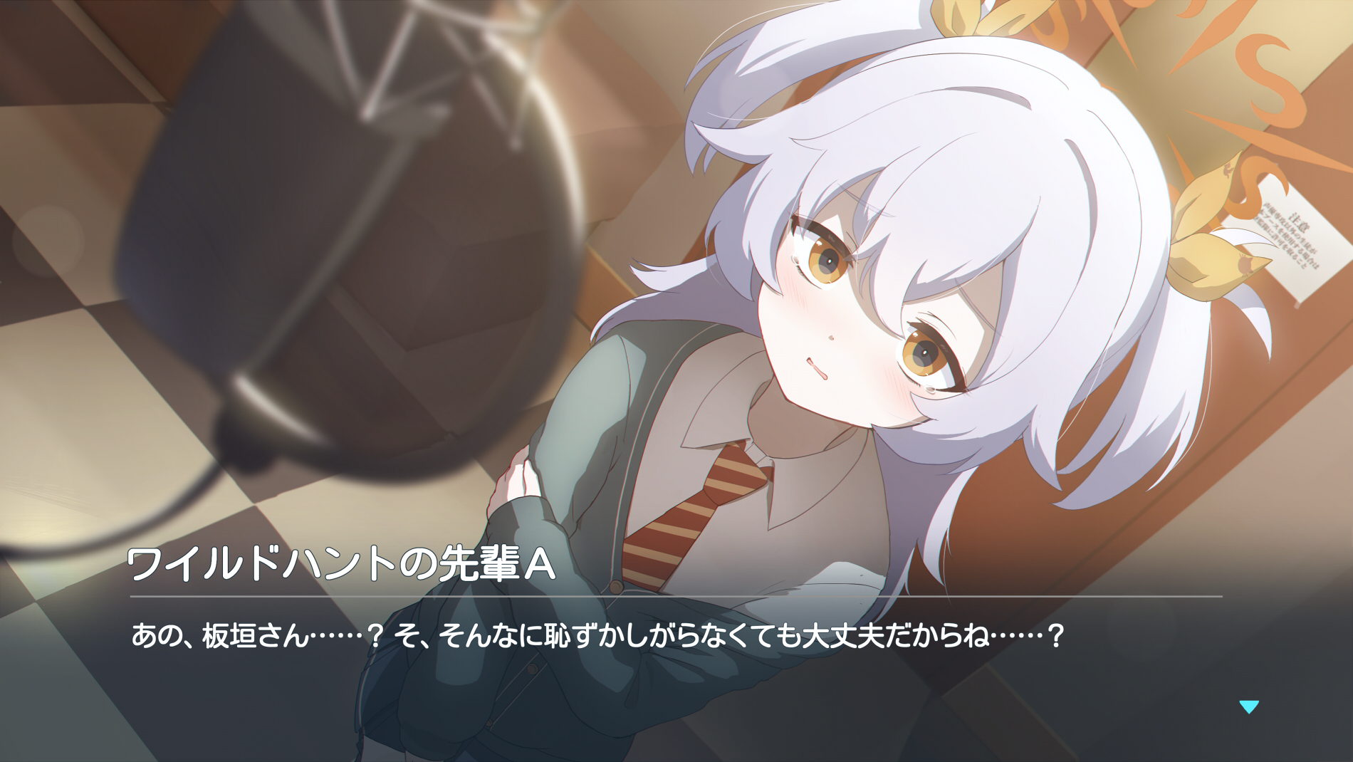 hamachikichiki, kanoe (blue archive), blue archive, commentary, highres, translation request, 1girl, aged down, alternate costume, alternate hair length, alternate hairstyle, aqua jacket, arm under breasts, black eyes, black skirt, blurry, blush, bright pupils, brown necktie, checkered floor, collared shirt, cowboy shot, depth of field, diagonal-striped clothes, diagonal-striped necktie, dutch angle, fake screenshot, furrowed brow, grey hair, hair between eyes, hair ribbon, halo, indoors, jacket, long hair, looking at viewer, microphone, miniskirt, multicolored eyes, necktie, open clothes, open door, open jacket, open mouth, orange eyes, orange halo, pleated skirt, ribbon, school uniform, shirt, shy, skirt, sleeves past wrists, solo, striped clothes, subtitled, tearing up, tears, tile floor, tiles, tsurime, two-tone eyes, two side up, upturned eyes, white pupils, white shirt, yellow ribbon