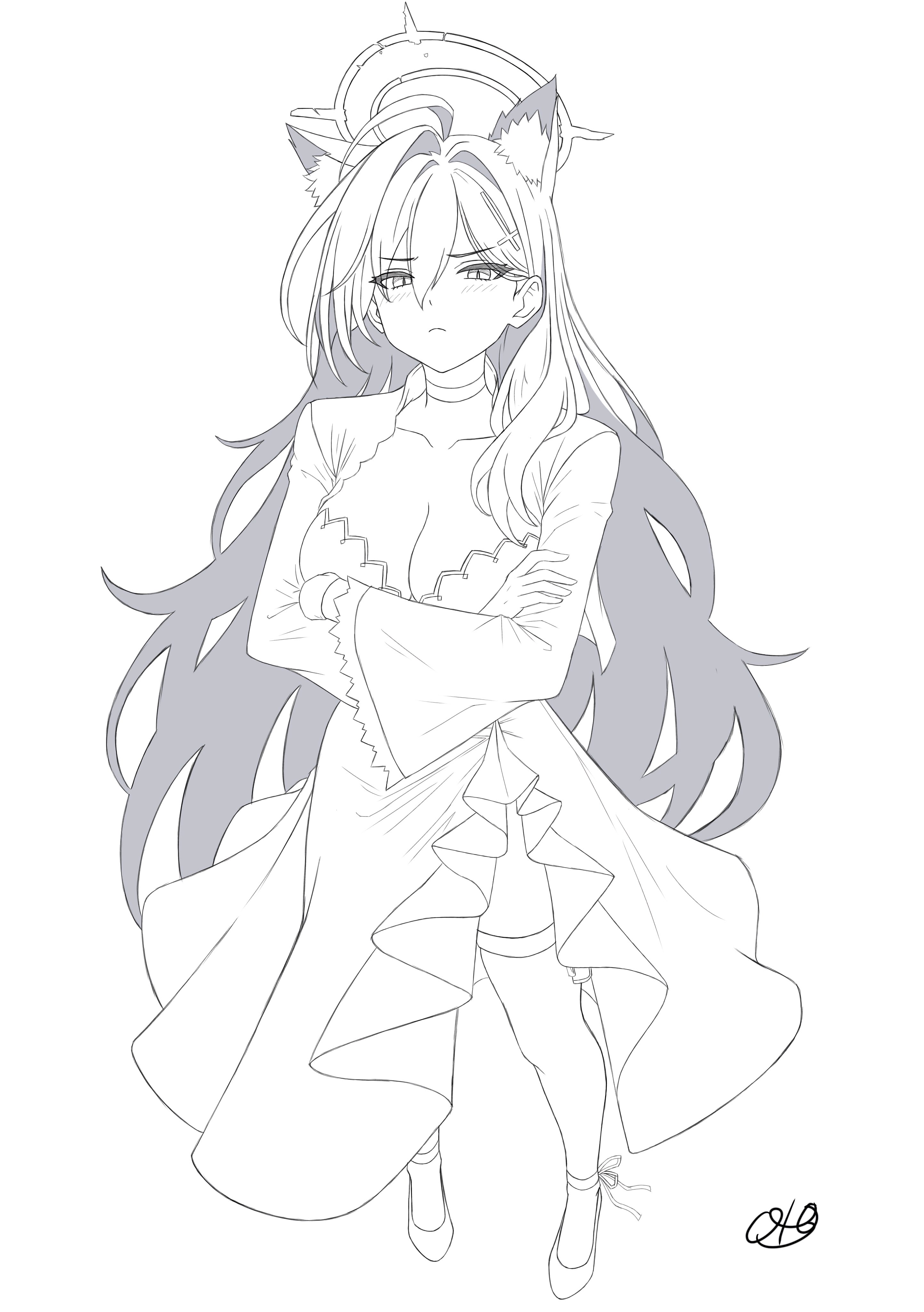 oto jampan, shiroko terror (blue archive), blue archive, absurdres, commentary request, highres, 1girl, animal ear fluff, animal ears, blush, breasts, broken halo, choker, cleavage, closed mouth, collarbone, cross, cross hair ornament, crossed arms, dress, extra ears, hair between eyes, hair ornament, halo, high heels, large breasts, lineart, long dress, long hair, long sleeves, looking at viewer, open clothes, pout, standing, thigh strap, very long hair, white background, wide sleeves, wolf ears, wolf girl