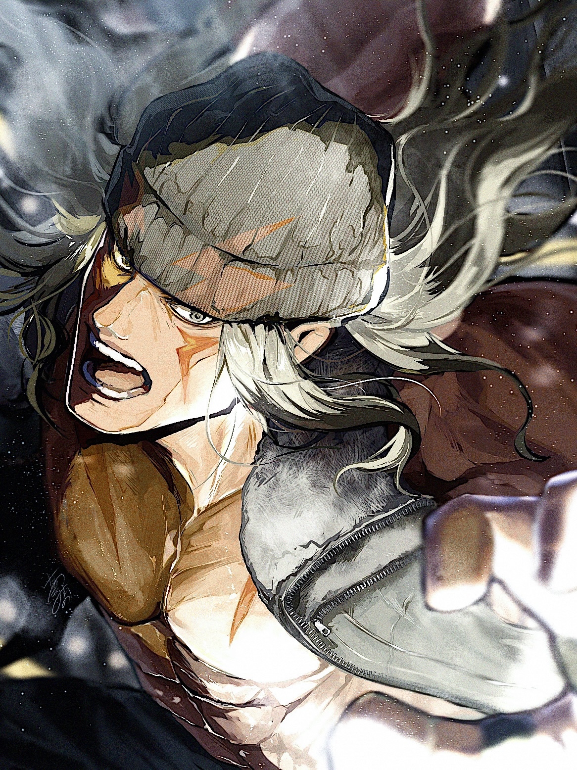 takai misa, alex (street fighter), street fighter, street fighter 6, commentary, highres, 1boy, abs, beanie, black hat, facepaint, grey eyes, grey hair, hat, jacket, looking at viewer, male focus, medium hair, muscular, muscular male, no shirt, open clothes, open jacket, open mouth, signature, solo