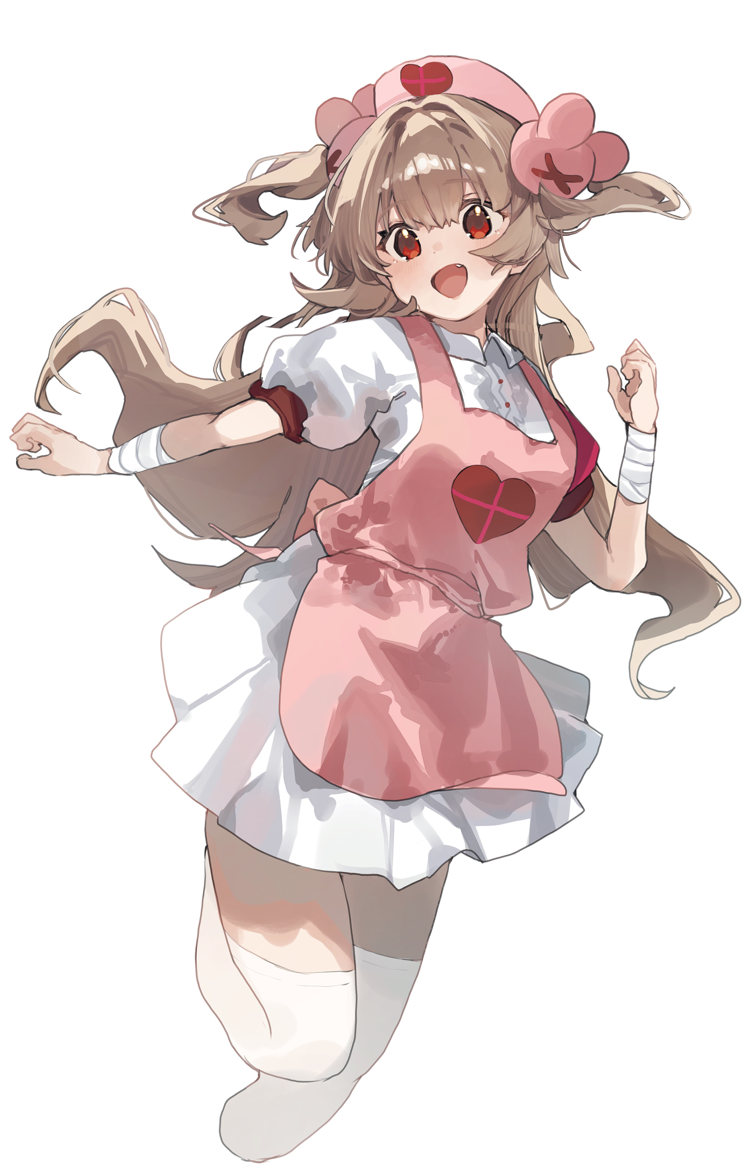 higa (gominami), natori sana, natori sana (nurse), sana channel, absurdres, commentary request, highres, 1girl, :d, apron, bandaged arm, bandaged wrist, bandages, blush, brown hair, collared dress, confetti, cropped legs, dress, fang, hair ornament, hat, heart, heart print, long hair, looking at viewer, nurse cap, open mouth, pink apron, puffy short sleeves, puffy sleeves, rabbit hair ornament, red eyes, short sleeves, simple background, smile, solo, two side up, virtual youtuber, white background, white dress