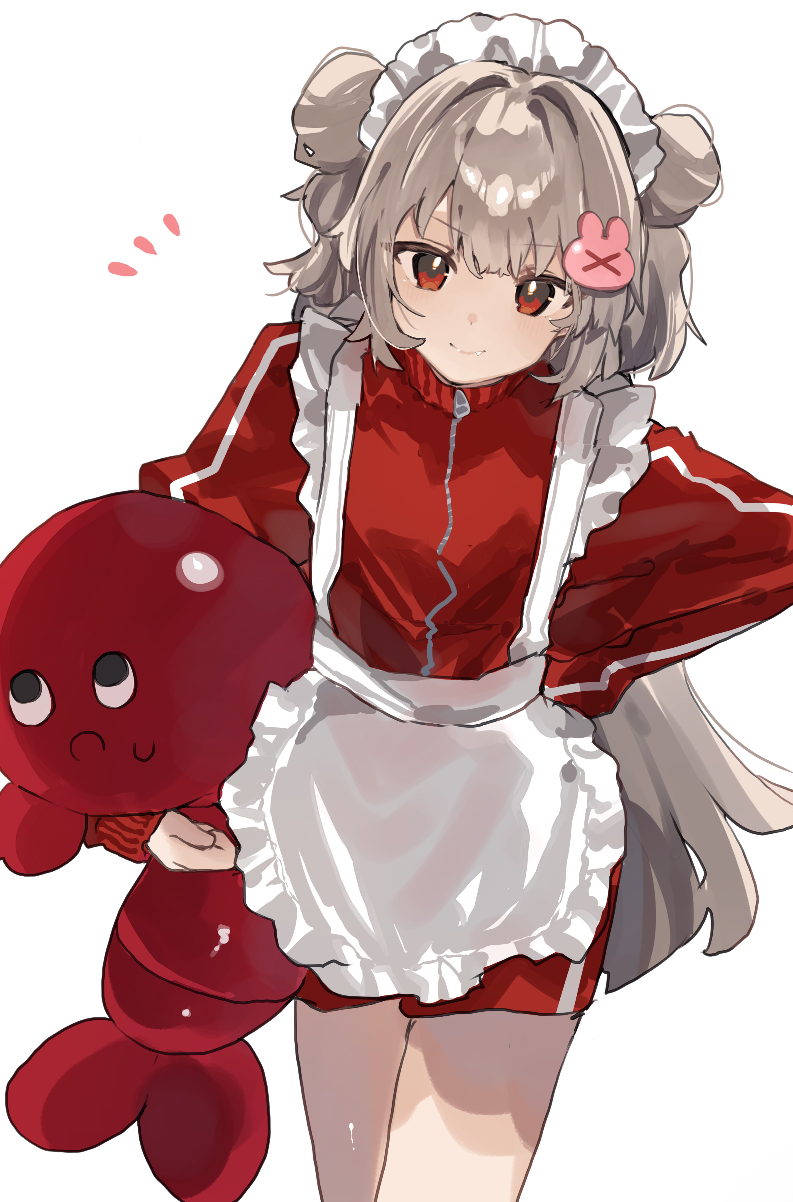 higa (gominami), natori sana, natori sana (jersey), sana channel, absurdres, commentary request, highres, 1girl, apron, brown hair, closed mouth, cowboy shot, double bun, fang, frilled apron, frills, hair between eyes, hair bun, hair ornament, jacket, jersey maid, long hair, looking at viewer, maid, maid apron, maid headdress, rabbit hair ornament, red eyes, red jacket, shorts, simple background, sleeves past fingers, sleeves past wrists, smile, solo, standing, stuffed animal, stuffed toy, track jacket, two side up, unconventional maid, virtual youtuber, white background