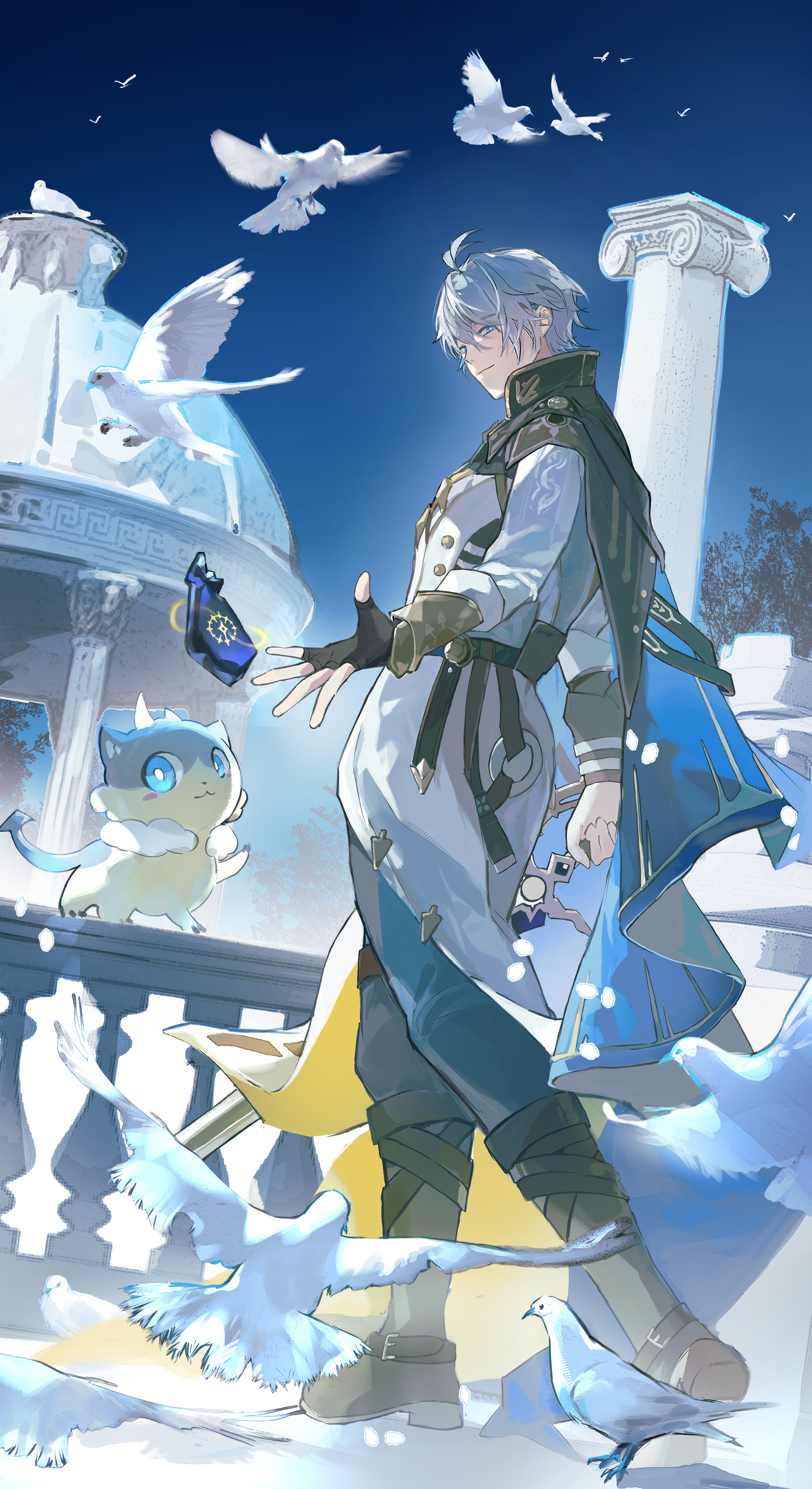 seo2 aventurine, chimera (honkai: star rail), phainon (honkai: star rail), phainon (vigethos) (honkai: star rail), honkai: star rail, honkai (series), absurdres, commentary, english commentary, highres, 1boy, belt, bird, black belt, black gloves, black shirt, blue cape, blue eyes, blue hair, cape, coat, collared shirt, coreflame (honkai: star rail), english text, fingerless gloves, full body, gloves, grey pants, long sleeves, male focus, outdoors, pants, pillar, railing, shirt, short hair, side cape, white bird, white coat, white hair, yellow cape