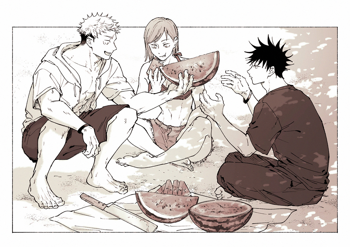 jj59u, fushiguro megumi, itadori yuuji, kugisaki nobara, jujutsu kaisen, commentary request, 1girl, 2boys, bikini, bikini top only, border, bracelet, breasts, closed eyes, closed mouth, dappled sunlight, denim, eating, feet, food, fruit, full body, greyscale, holding, holding food, holding fruit, hood, hood down, hoodie, indian style, jewelry, looking at another, monochrome, multiple boys, navel, open clothes, open hoodie, outside border, sand, scar, scar on face, scar on forehead, short hair, shorts, sitting, spiked hair, squatting, sunlight, swimsuit, toenails, toes, undercut, watermelon, watermelon slice, white border