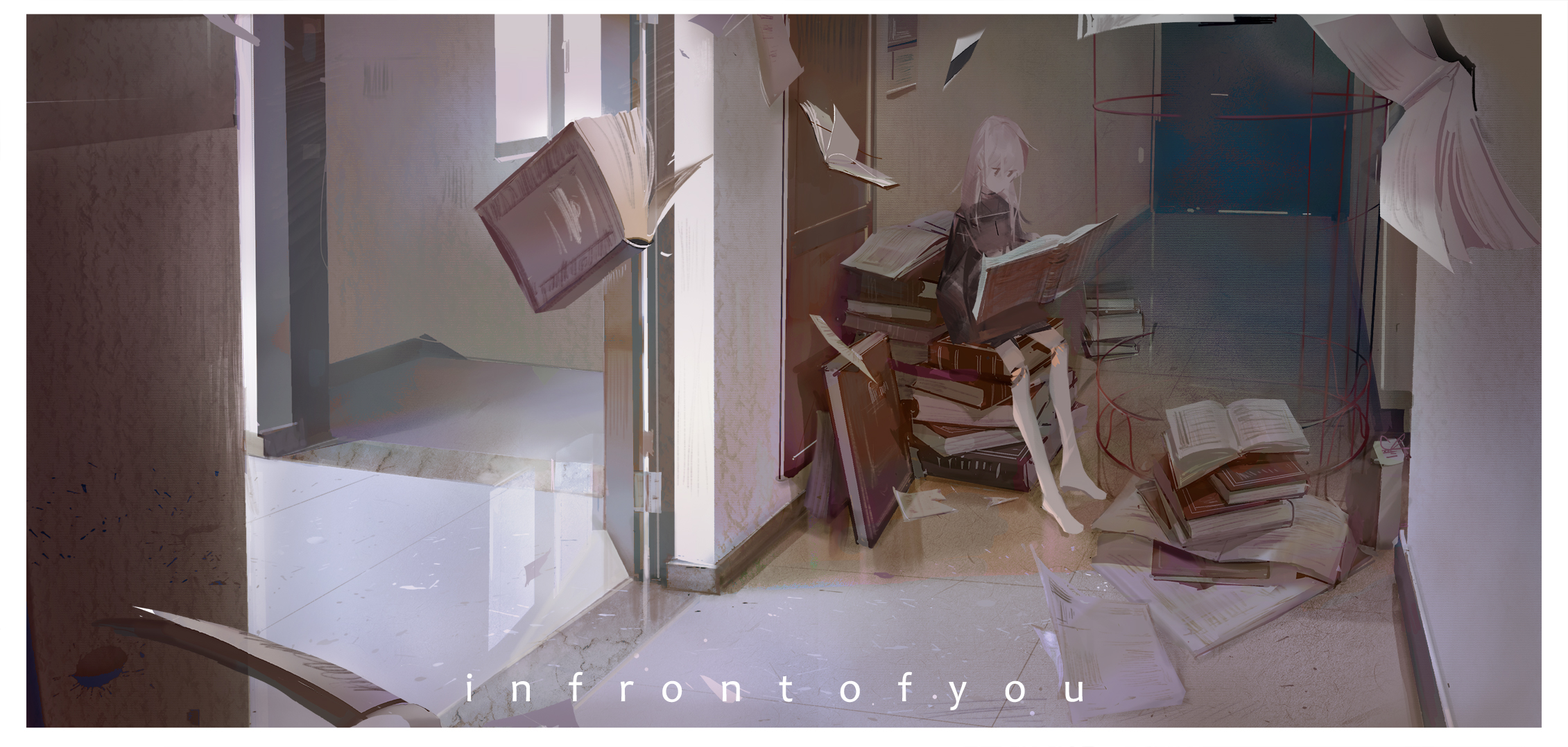 yingfeng862, original, commentary request, highres, 1girl, book, book stack, floating, floating book, floating object, long hair, open book, scenery, solo