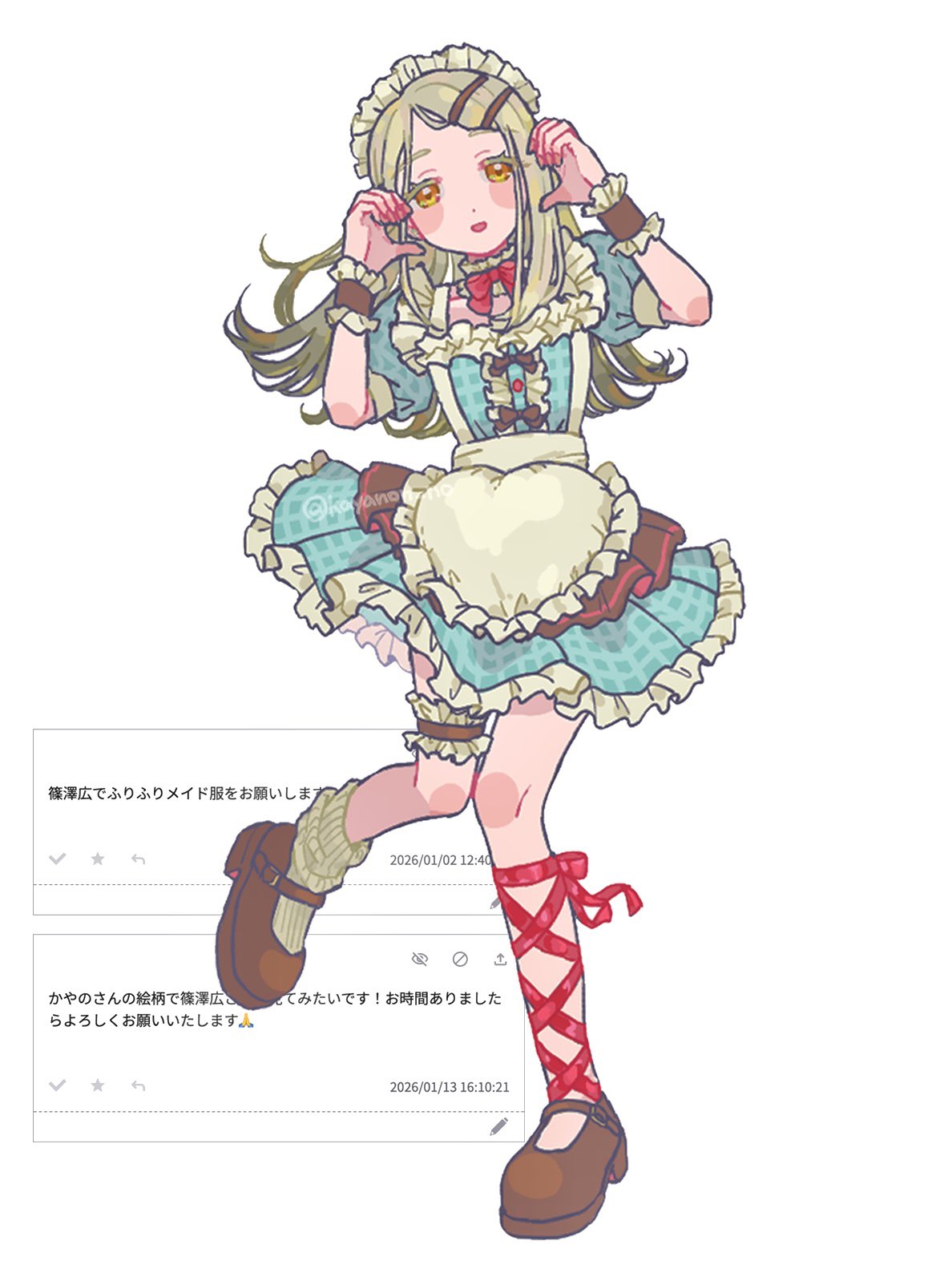 kayanon no, shinosawa hiro, gakuen idolmaster, idolmaster, odaibako, commentary, highres, symbol-only commentary, translation request, 1girl, apron, blonde hair, blue dress, blush, bow, bowtie, brown shoes, center frills, collar, colored eyelashes, detached collar, dress, fan request, flipped hair, frilled apron, frilled dress, frills, full body, grey hair, hair ornament, hairclip, hands up, heart, heart hands, leg ribbon, long hair, looking at viewer, maid, maid apron, maid headdress, mary janes, open mouth, orange eyes, parallel hairclips, parted bangs, red bow, red bowtie, red ribbon, request inset, ribbon, shoes, short dress, simple background, single sock, socks, solo, standing, standing on one leg, thigh strap, twitter username, watermark, white apron, white background, white collar, white headdress, white socks, wrist cuffs