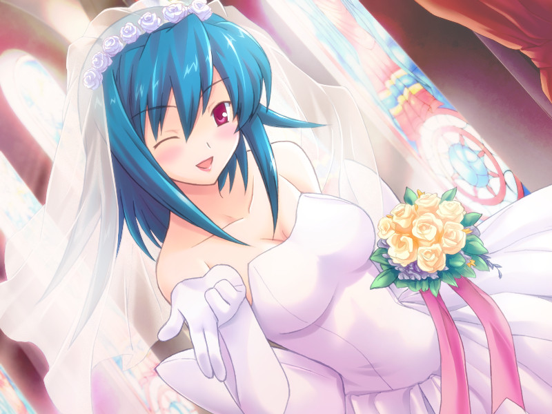 mutsumi masato, kamina shizuru, shimaima., game cg, tagme, 1girl, ;d, blush, dress, female focus, one eye closed, open mouth, smile, solo, wedding dress, wink