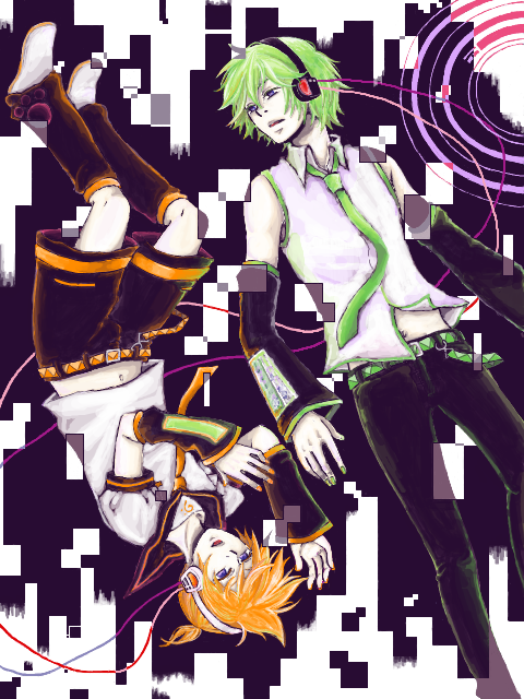 hatsune mikuo, kagamine len, vocaloid, 2boys, imitator, male focus, multiple boys