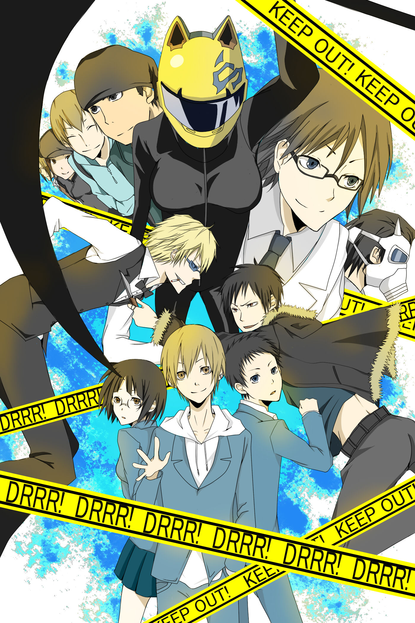kouno kb, celty sturluson, heiwajima shizuo, kadota kyouhei, karisawa erika, kida masaomi, kishitani shingen, kishitani shinra, orihara izaya, ryuugamine mikado, sonohara anri, togusa saburou, yumasaki walker, durarara!!, bad id, bad pixiv id, highres, 3girls, animal ear helmet, animal helmet, black bodysuit, black hair, blonde hair, blue eyes, bodysuit, breasts, brown eyes, brown hair, caution tape, coat, gas mask, glasses, helmet, keep out, lab coat, large breasts, mask, multiple girls, skin tight, sunglasses, tuxedo, vest, yellow eyes