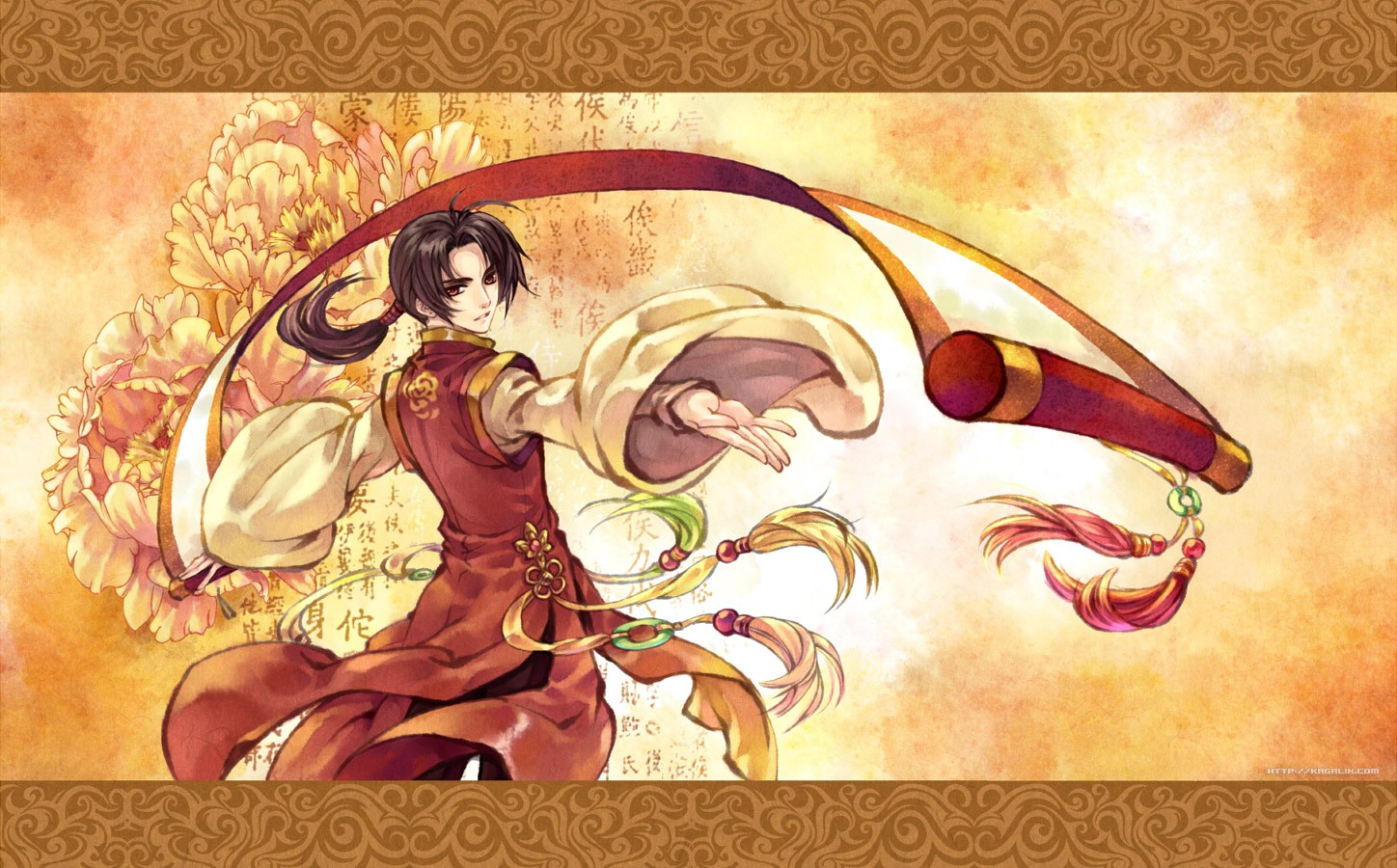 kagalin, china (hetalia), axis powers hetalia, 1boy, black hair, brown eyes, brown hair, chinese clothes, chinese text, flower, long hair, male focus, ponytail, scroll, solo
