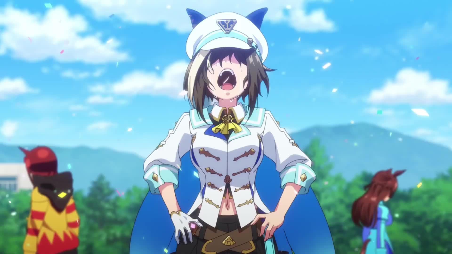 cheval grand (grand itineraire) (umamusume), cheval grand (umamusume), umamusume, absurdres, animated, audible speech, highres, japanese audio, sound, tagme, video, 3girls, animal ears, ascot, belt, black shorts, blue cape, blue dress, blue sailor collar, blush, braid, breasts, brown belt, brown hair, brown tail, cape, closed eyes, collared shirt, confetti, dot nose, dress, exhausted, female focus, gloves, hat, hood, hooded jacket, horse ears, horse girl, horse tail, huffing, jacket, large breasts, long hair, long sleeves, midriff, midriff peek, moaning, multicolored cape, multicolored hair, multiple girls, navel, open mouth, outdoors, red hair, red jacket, sailor collar, sexually suggestive, shirt, shorts, stomach, streaked hair, sweat, sweatdrop, tail, teeth, tongue, white cape, white gloves, white hat, white jacket, white streaks, yellow ascot