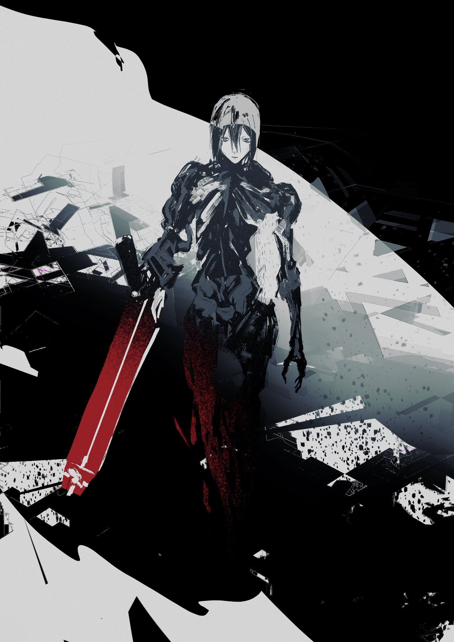 shake (shyakep), sanakan, blame!, highres, 1girl, abstract background, android, arm cannon, beam cannon, beam rifle, black hair, cannon, closed mouth, destruction, energy cannon, energy gun, expressionless, full body, geometry, hair between eyes, humanoid robot, joints, looking at viewer, math, mechanical arms, mechanical legs, nude, robot, robot girl, robot joints, safeguard (blame!), science fiction, short hair, solo, standing, weapon