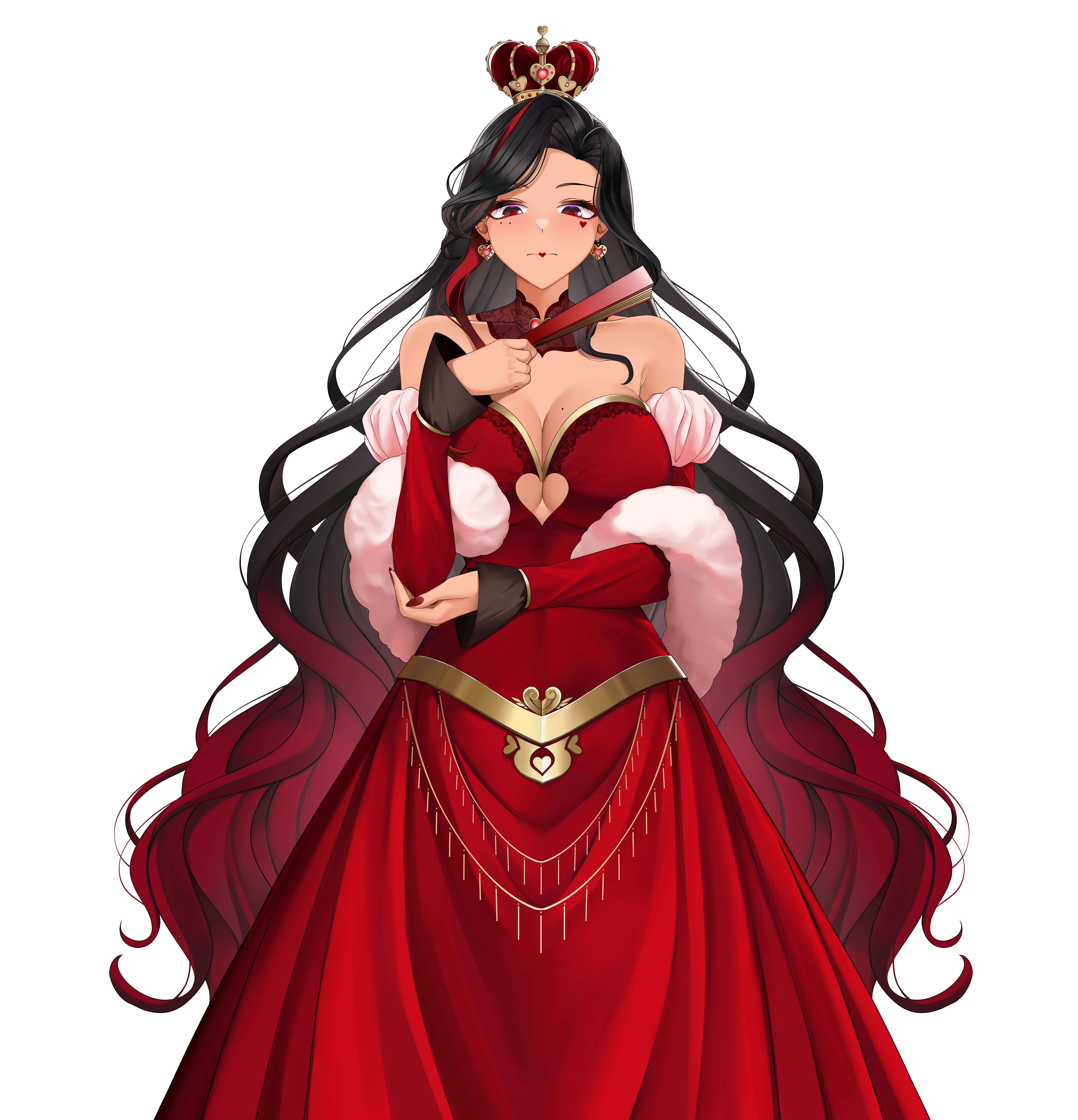 landacdeus, queen of hearts (alice in wonderland), scarle yonaguni, alice's adventures in wonderland, nijisanji, nijisanji en, absurdres, highres, second-party source, 1girl, alternate costume, bare shoulders, black hair, breasts, closed mouth, clothing cutout, collar, cosplay, crown, detached collar, dress, earrings, facial mark, feather boa, folding fan, gold trim, gradient hair, hand fan, heart, heart cutout, heart earrings, heart facial mark, holding, holding fan, jewelry, long hair, mini crown, mole, mole on breast, mole under eye, multicolored hair, multiple moles, queen of hearts (alice in wonderland) (cosplay), red collar, red dress, red hair, solo, streaked hair, tan, transparent background, virtual youtuber