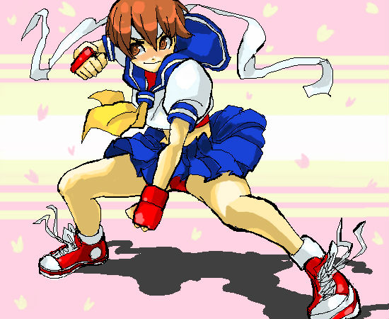 k do, kasugano sakura, capcom, street fighter, bad id, bad pixiv id, 1girl, blue sailor collar, brown eyes, brown hair, buruma, female focus, fingerless gloves, gloves, headband, oekaki, sailor collar, school uniform, serafuku, short hair, solo
