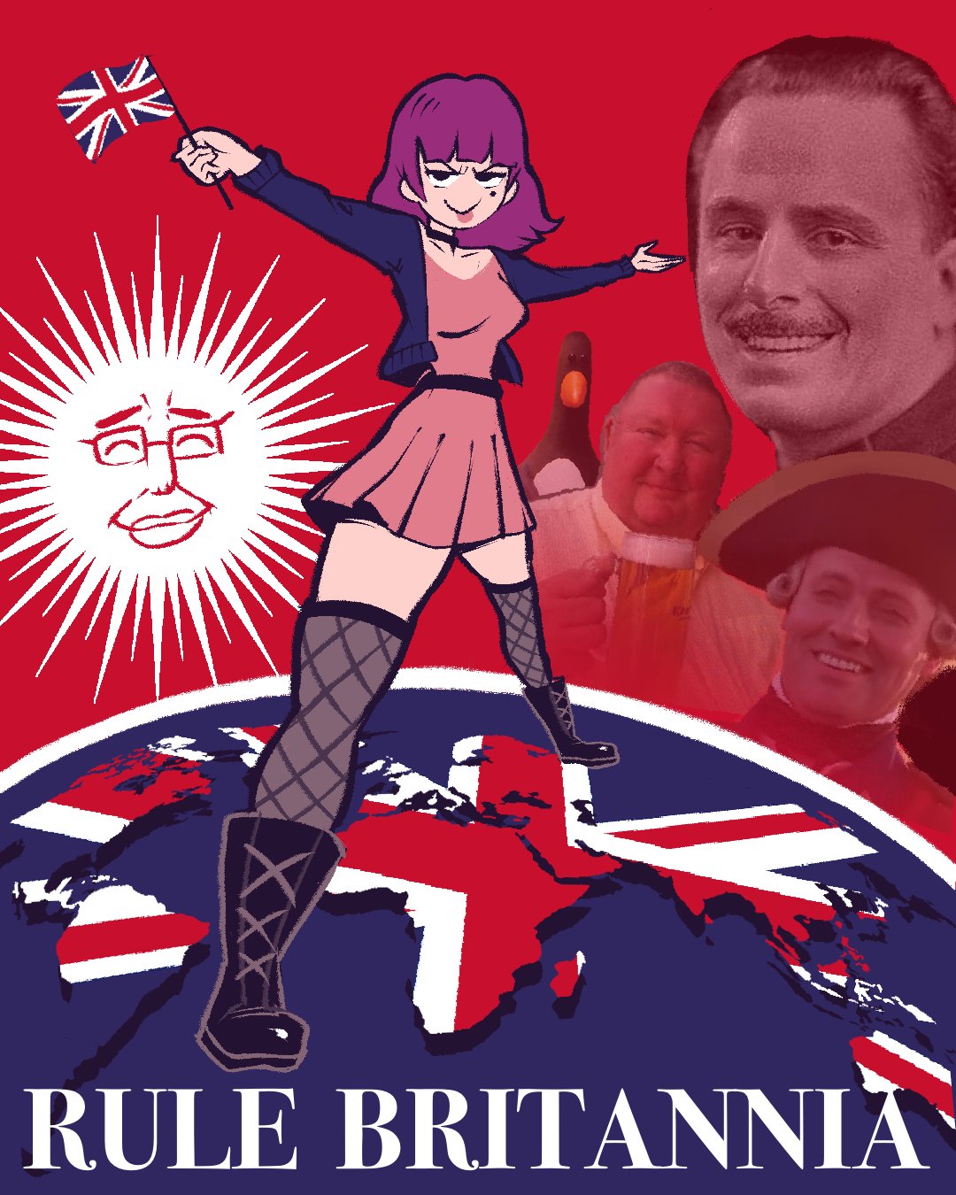 atomiksaico, amelia (pathways), chudjak, feathers mcgraw, oswald mosley, 4chan, pathways (game), real life, wallace & gromit, character request, commentary, english commentary, highres, 1girl, 4boys, :p, alcohol, barry 63 (meme), beer, belt, bicorne, bird, black belt, black boots, black collar, boots, breasts, british empire, collar, crossover, cup, dress, drink, earth (planet), english text, evil smile, fishnet thighhighs, fishnets, flag, full body, globe, hat, holding, holding cup, holding drink, holding flag, jacket, jitome, legs apart, map, medium hair, meme, mole, mole under eye, multiple boys, multiple crossover, open clothes, open jacket, outstretched arms, penguin, photo inset, pink dress, planet, politics, purple hair, purple jacket, red background, red sky, sanpaku, short dress, sky, smile, smug, spread arms, standing, sun with face, the rhodes colossus, thighhighs, thighs, tongue, tongue out, turning head, union jack, united kingdom