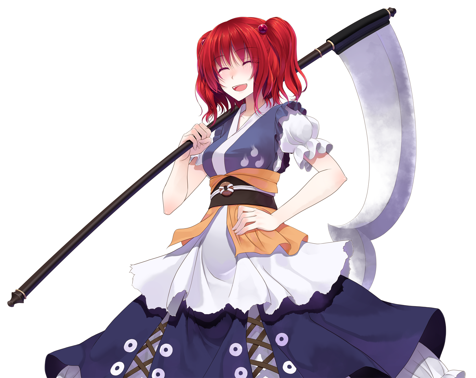 crote, onozuka komachi, touhou, commentary request, highres, large variant set, variant set, 1girl, :d, black sash, blue dress, blue skirt, closed eyes, coin, coin on string, collarbone, cowboy shot, dress, fingernails, hair bobbles, hair ornament, hand on own hip, hand up, holding, holding scythe, obi, obidome, open mouth, over shoulder, puffy short sleeves, puffy sleeves, red hair, sash, scythe, short hair, short sleeves, skirt, smile, solo, standing, tachi-e, teeth, transparent background, two side up, upper teeth only, weapon, weapon over shoulder