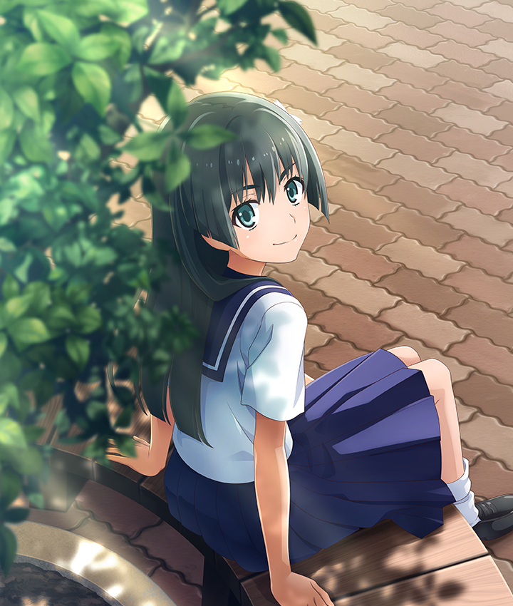 saten ruiko, toaru kagaku no railgun, toaru majutsu no index, toji no miko, toji no miko: kizamishi issen no tomoshibi, game cg, official art, third-party source, 1girl, aqua eyes, bench, black hair, black shoes, blue sailor collar, blue skirt, brick road, closed mouth, dappled sunlight, day, from behind, long hair, looking at viewer, looking back, on bench, outdoors, plant, potted plant, sailor collar, sakugawa school uniform, school uniform, serafuku, shirt, shoes, short sleeves, sitting, skirt, smile, socks, solo, straight hair, summer uniform, sunlight, tree, white shirt, white socks, wooden bench