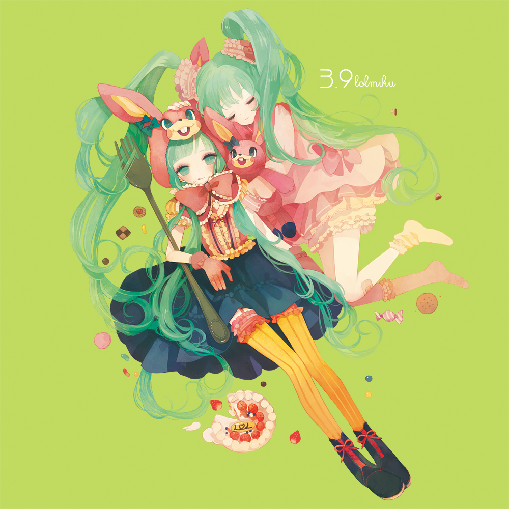 pechika, hatsune miku, hatsune miku (lollipop), apollo chocolate, lol -lots of laugh- (vocaloid), lots of laugh, vocaloid, orange legwear, striped legwear, vertical-striped legwear, bad id, bad pixiv id, 2girls, :d, :q, animal ears, animal hat, aqua eyes, aqua hair, bonnet, bow, cake, candy, checkerboard cookie, clone, cookie, food, fork, frills, gloves, hat, jelly bean, long hair, macaron, multiple girls, open mouth, pastry, rabbit ears, skirt, smile, striped clothes, striped thighhighs, stuffed animal, stuffed rabbit, stuffed toy, thighhighs, thumbprint cookie, tongue, tongue out, twintails, vertical-striped clothes, vertical-striped thighhighs, very long hair